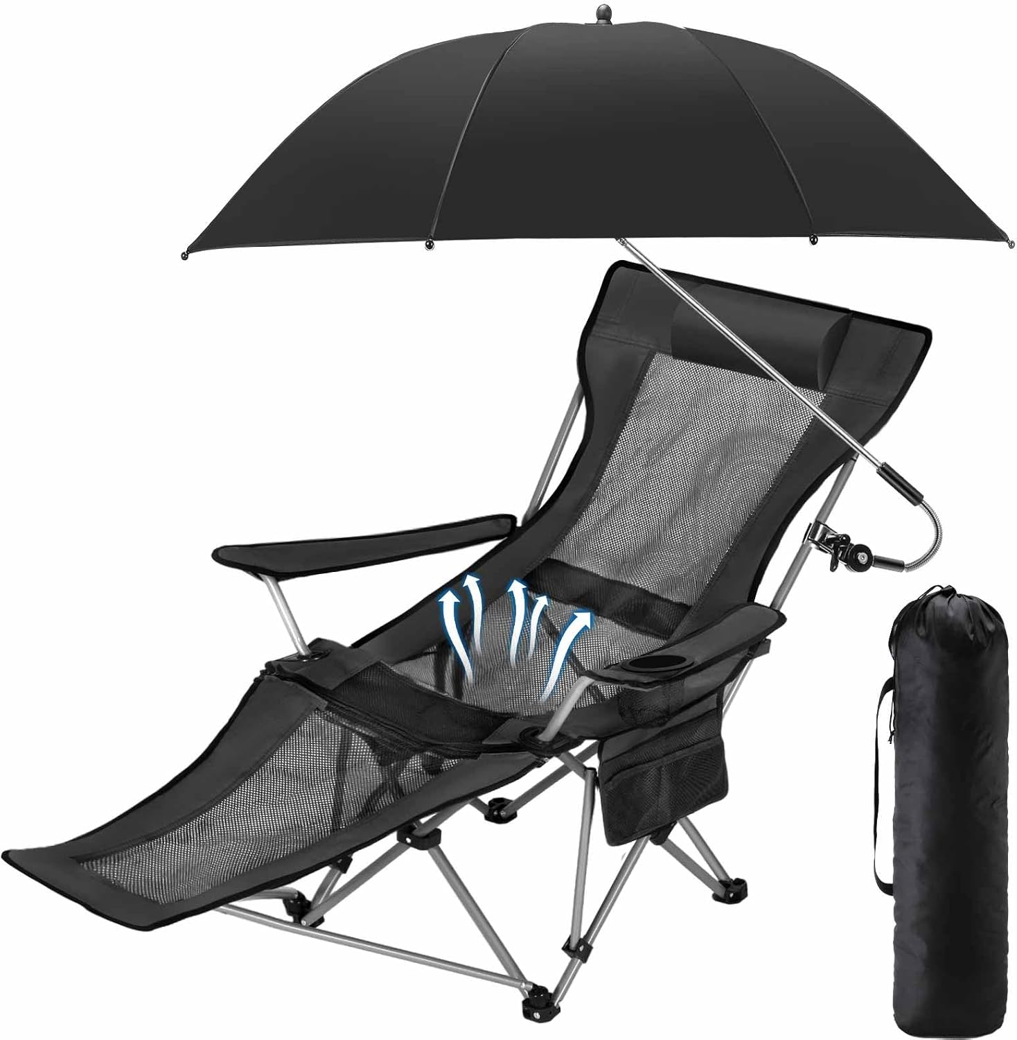 1 Set Reclining Camping Chairs with Removable Umbrella Folding Recline Camp Chairs for Outdoor(Black)