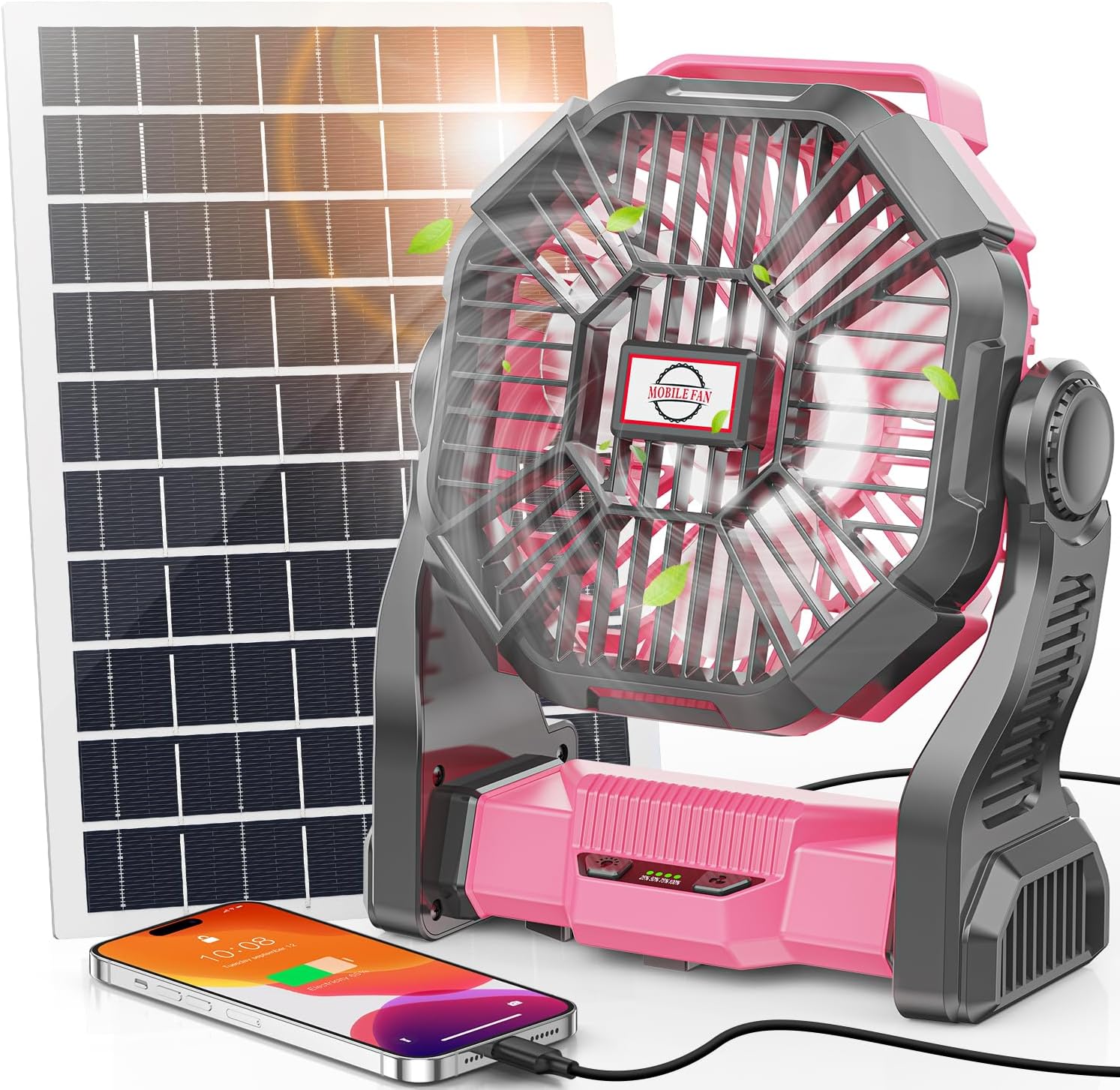 10400mAh Solar Fan with LED Lantern, 10W Solar Panel Rechargeable Battery Powered Camping Fan for Outside, 9 Inch Portable Battery Operated Hurricane Supplies for Picnic, Barbecue, Fishing, Travel