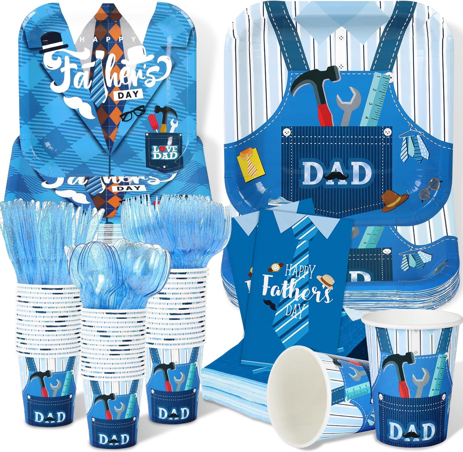 175Pcs Father's Day Party Tableware Sets Including Disposable Plates Napkins Cups Forks Square Fathers Day Plates And Napkins Tableware Set Blue Fathers Day Celebration Supplies