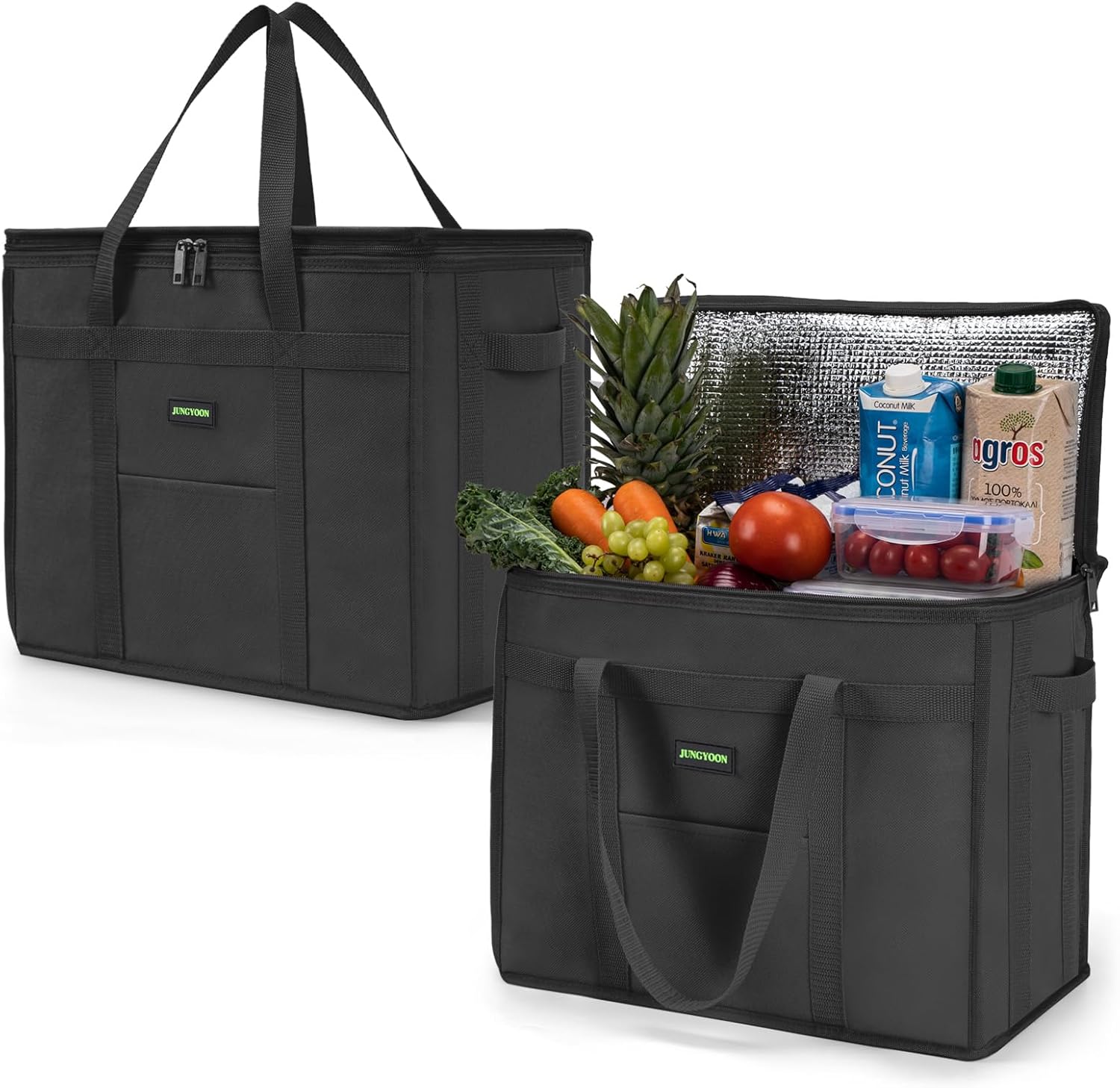 2-Pack Heavy-Duty Insulated Grocery Bags & Food Delivery Bag – Collapsible Cooler Bag with Zippered Top | Reusable Shopping Bags for Groceries, Picnics, Easy Storage(XL Black)