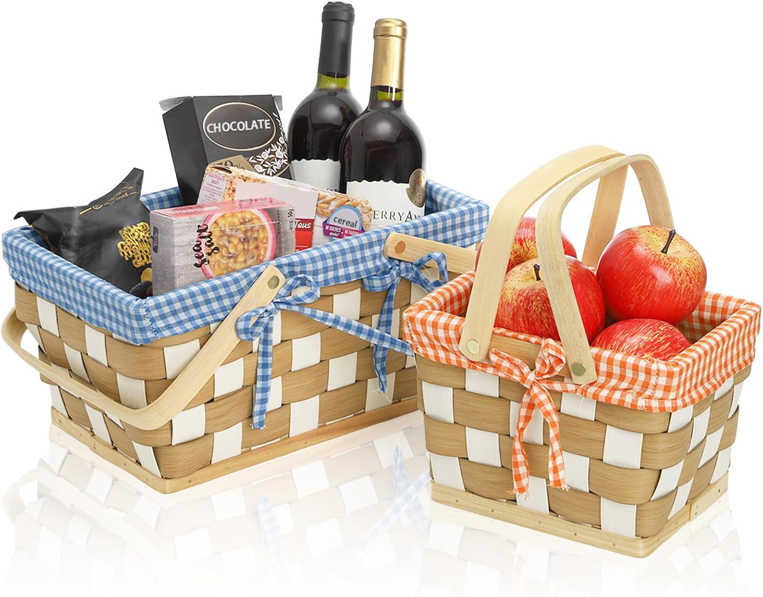 2 Pack Picnic Baskets, Natural Hand-Woven Basket with Folding Handle, Gingham Wicker Storage Basket, Rustic Gift Packing Baskets for Easter Egg, Halloween Candy, Fruit, Kitchen, Farm, Harvest