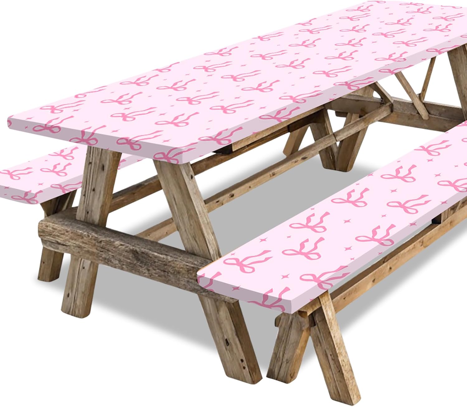 3Pcs Pink Bow Picnic Table Cover with Bench Covers Coquette Camping Essentials Waterproof Elastic Rectangle 6 Ft Tablecloth, 72" x 30
