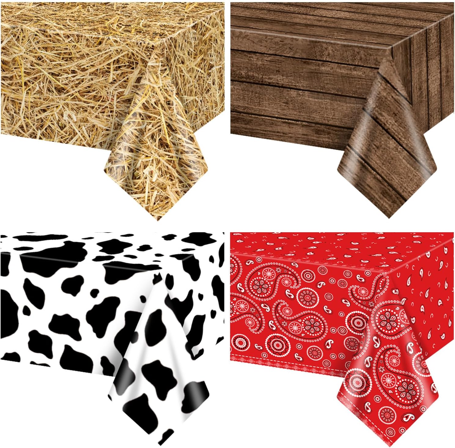 4 Pack Western Party Tablecloths, 51x86 Straw Tablecover, Wood Grain Tablecloth, Cow Tablecloth, Paisley Bandana Table Cover for Western Themed Kids Birthday Party Decorations