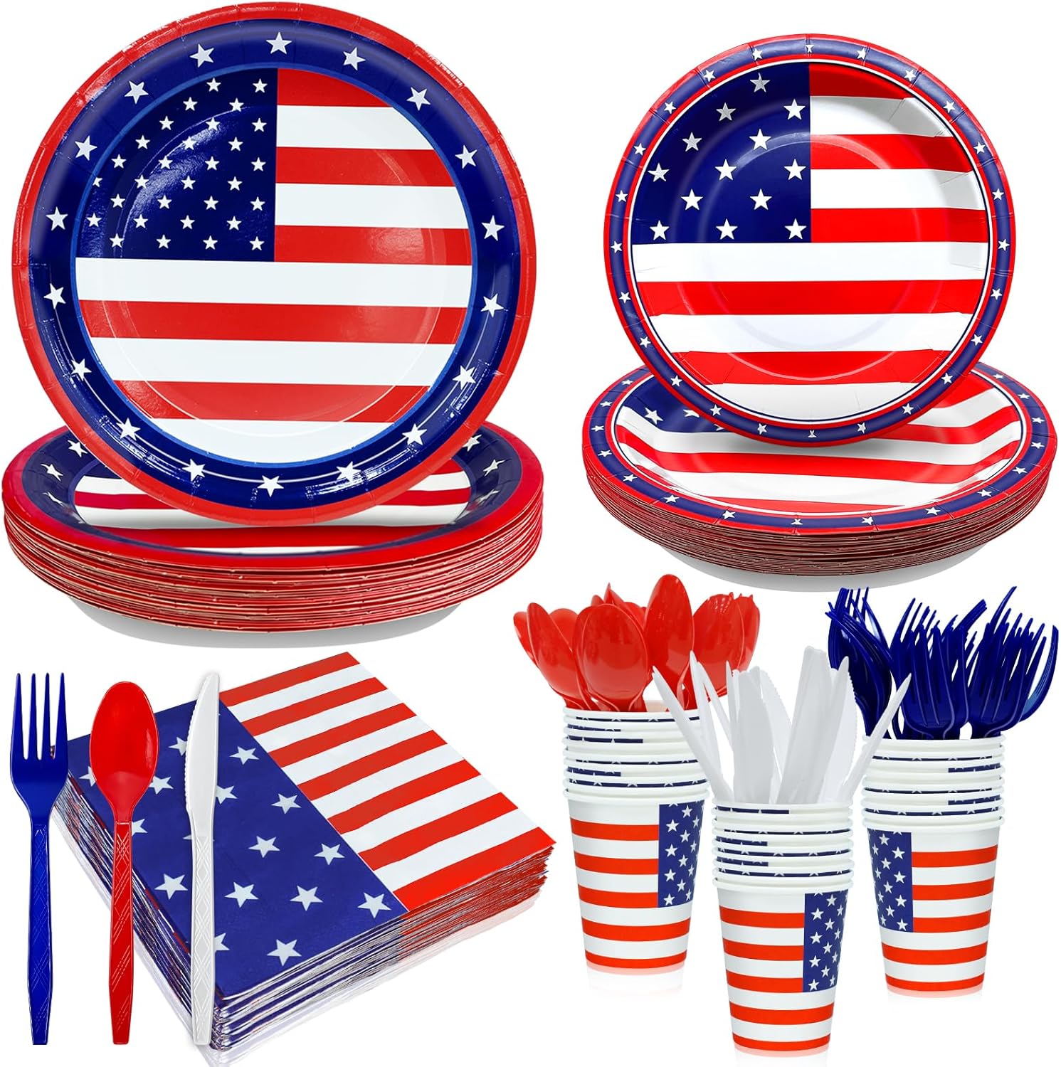 4th of July Decorations Patriotic Party Supplies, 168 PCS American Flag Party Tableware Serve 24, 4th of July Plates Napkins Cups Knives Forks Spoons Red White and Blue Decoration for Independence Day