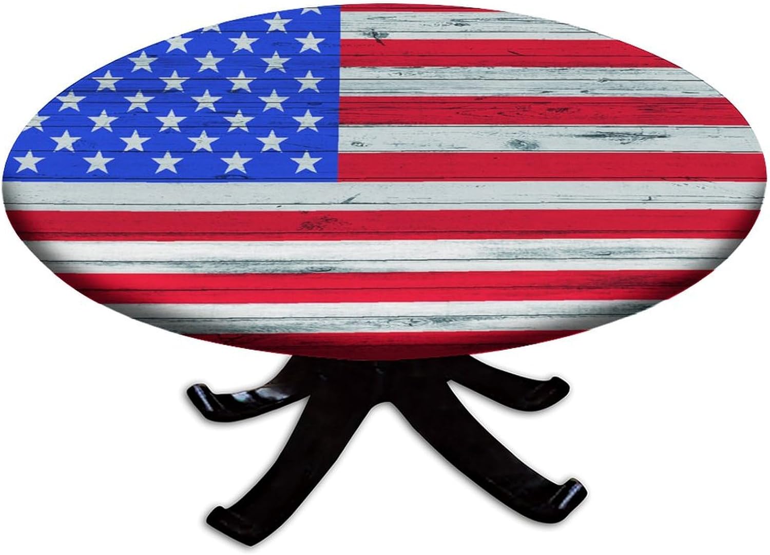 American Flag Fitted Oval Elastic Edge Tablecloths, Wood Grain Background Wipe Clean Table Cloth, for Outdoor Picnic Camping and Indoor Kitchen Dining Party, Fits Tables up to 28" Diameter