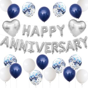 Anniversary Decorations Blue Silver,Happy Anniversary Foil Balloon Banner with Confetti,Latex,Foil Heart Balloons for Celebrations Surprise Events Romantic Night Weddings
