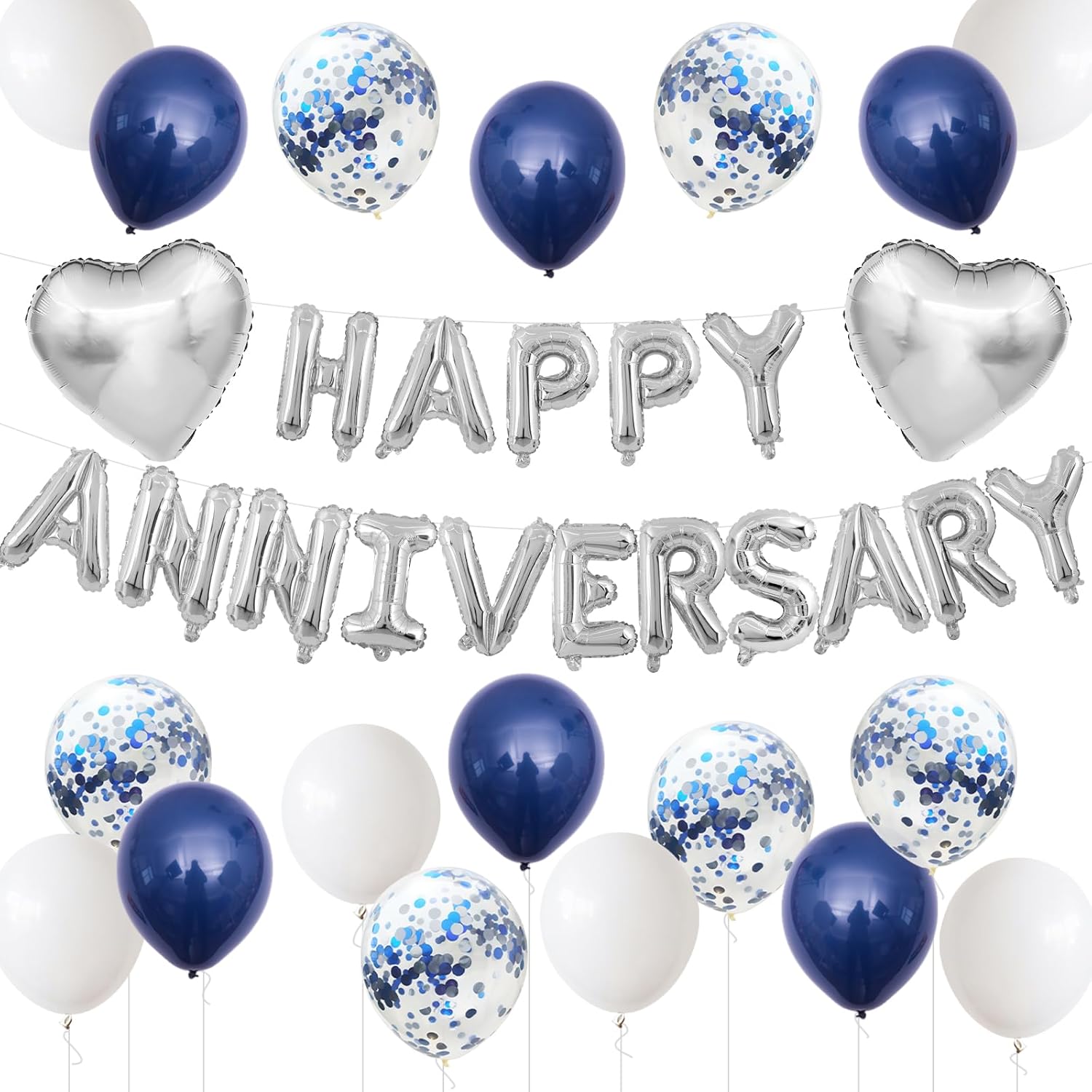 Anniversary Decorations Blue Silver,Happy Anniversary Foil Balloon Banner with Confetti,Latex,Foil Heart Balloons for Celebrations Surprise Events Romantic Night Weddings