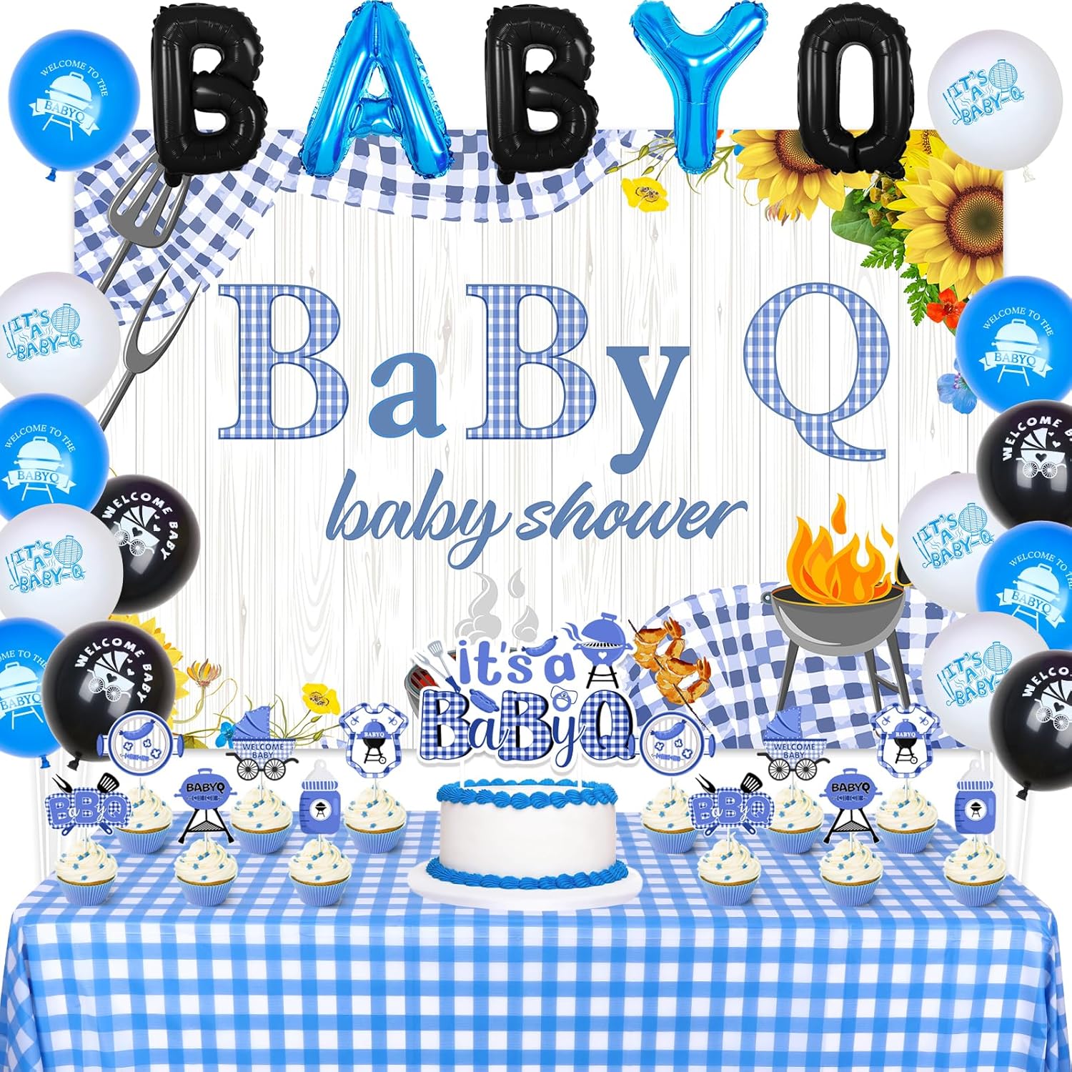 BabyQ Baby Shower Decorations Blue for Boy, It’s A Baby Q Party Supplies with Balloons Cake Topper Cupcake Toppers Checkered Backdrop Tablecloth - Barbecue Picnic Theme Baby Shower Decors