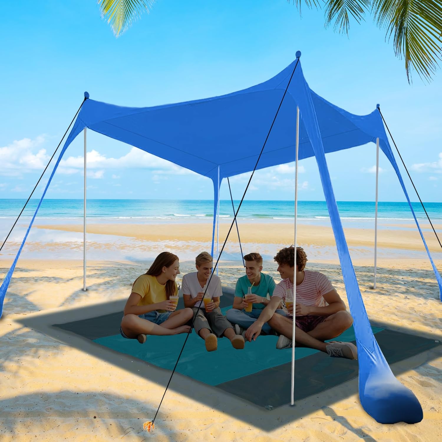 Beach Canopy, Beach Tent Sun Shelter with Beach Blanket, Beach Shade 11x11 FT with UPF 50+ UV Protection, Beach Sun Shade for Beach, Camping, Backyard and Picnics