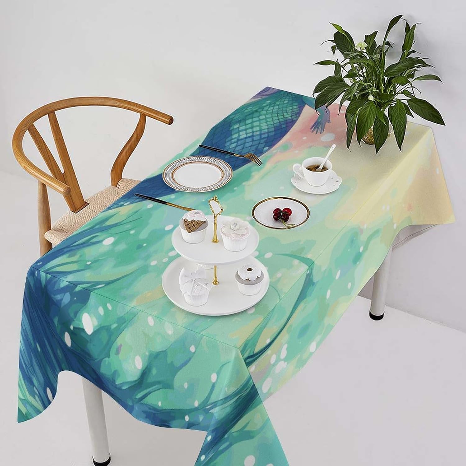 Beautiful Mermaid Tail Table Cloth 55"x55" Washable Linen Table Runner Farmhouse Rectangle Tablecloth Waterproof Heavy Duty Picnic Tables Cover for Kitchen Dining Holiday Party Decorations