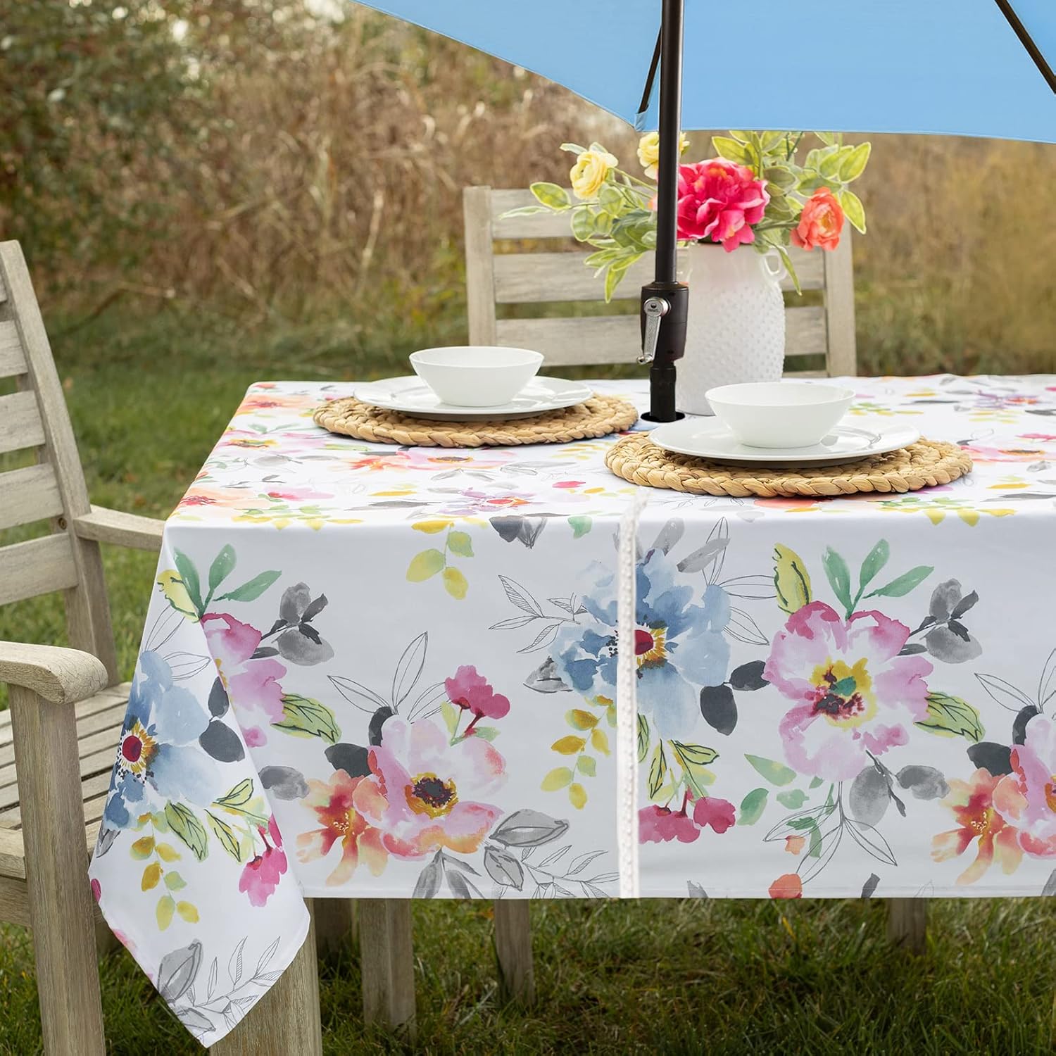 Benson Mills Spillproof Floral Spring/Summer Fabric Outdoor Tablecloth with Umbrella Hole, Zippered Table Cloth for Rectangle Tables, Picnic/Patio (Harper, 60" x 104" Rectangular with Umbrella Hole)