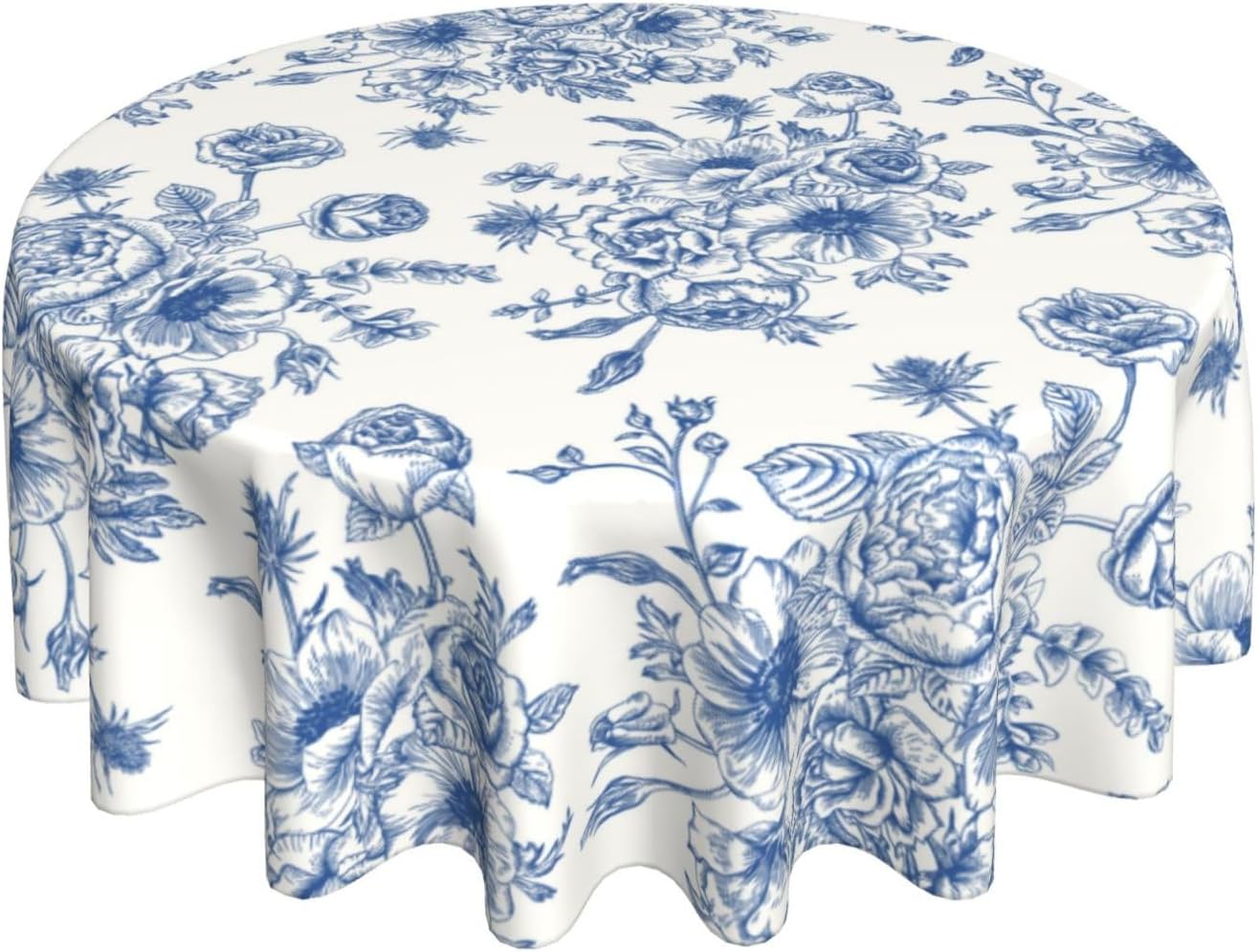 Blue Floral Tablecloth 70 Inch Round Blue and White Chinoiserie Flower Toile Table Cloth Vintage Polyester Stain Resistance Round Table Cover for Party Picnic Kitchen Dining Outdoor Decor
