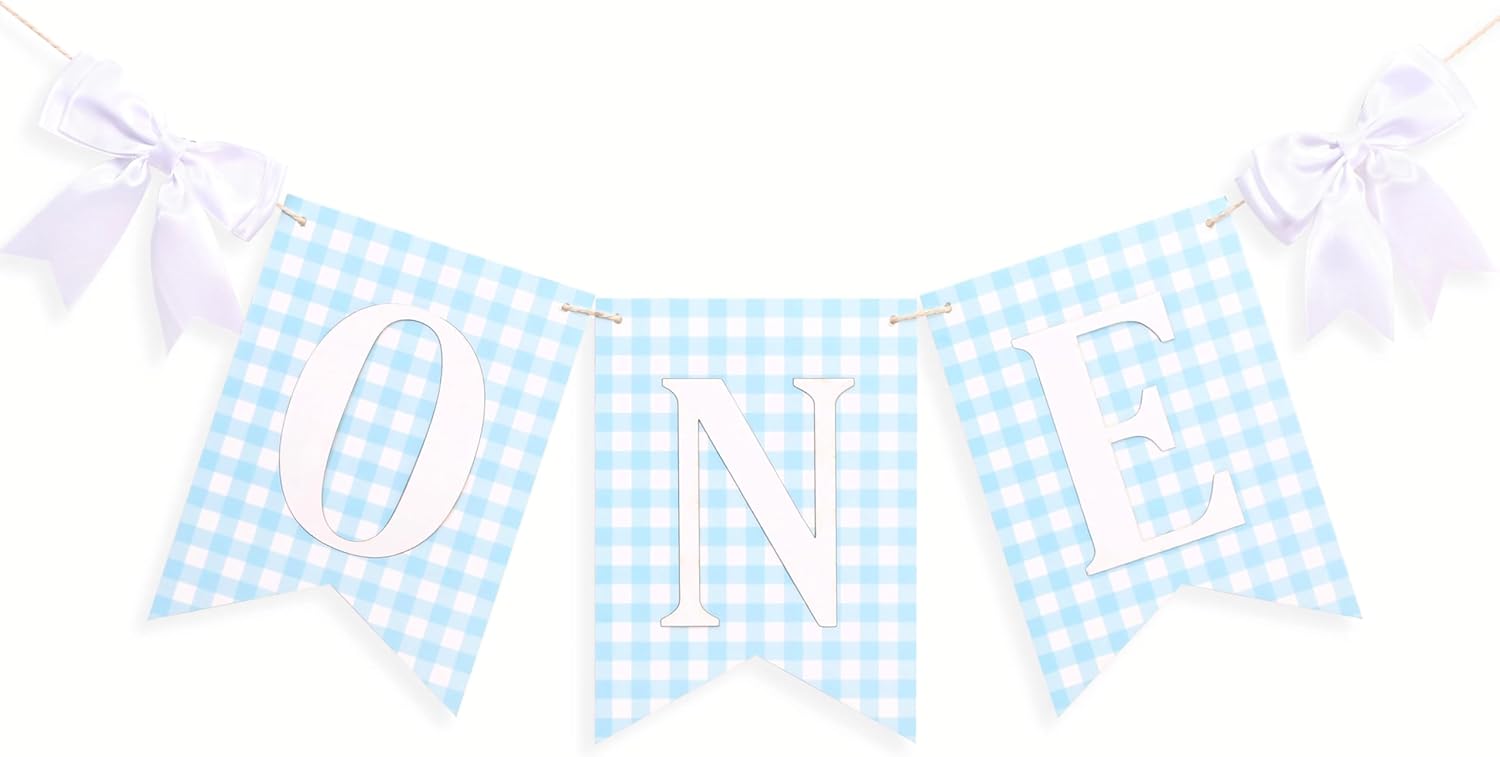 Blue Gingham One High Chair Banner - Blue and White 1st Birthday Banner for Boys, Light Blue Check One Garland, Boys 1st Birthday Decorations