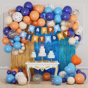 Blue and Orange Balloon Garland Kit, Balloons with Confetti, Happy Birthday Banner Glitter Paw Prints Balloon and Fringe Curtain for Boys Girls Birthday Baby Shower Graduation Party Decorations