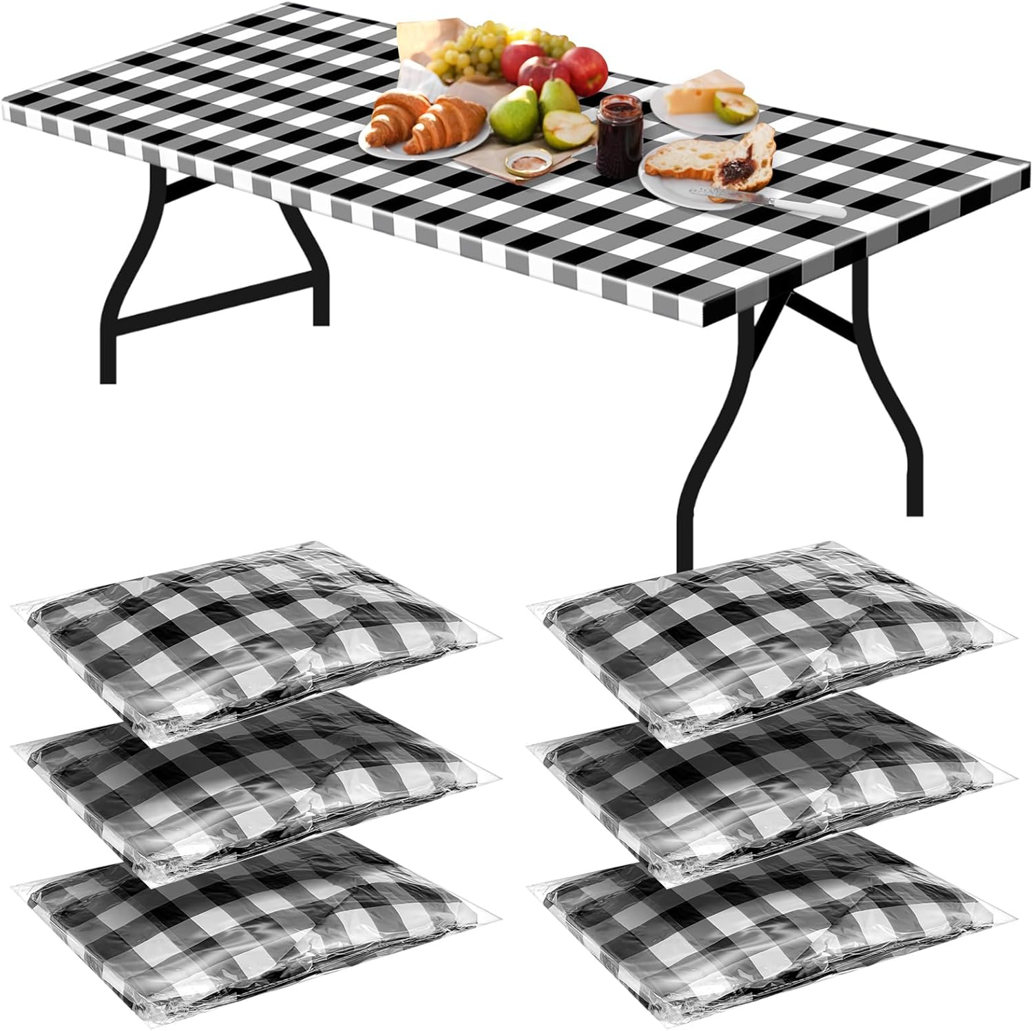 Boao 6 Pcs Picnic Table Cover 72 x 30 Inch for 6 ft Tables Disposable Parties Plastic Table Cloths with Elastic Fitted Elastic Desk Cover Rectangle Waterproof for Indoor, Outdoor, Picnic, Camping