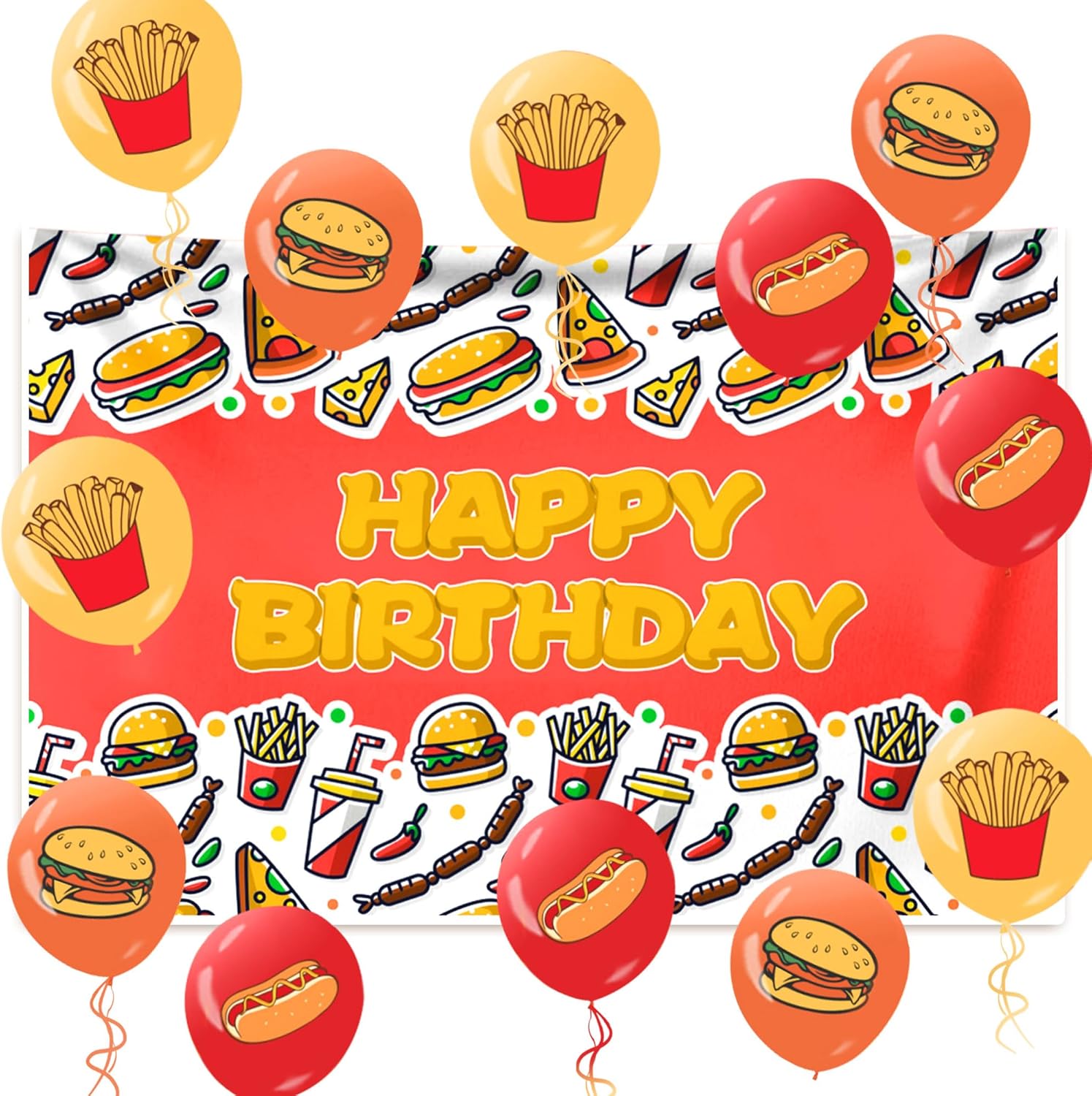 Burger Birthday Backdrop Fried Junk Food Snack Picnic Party Photography Background Junk Food Balloon Supplies For Birthday Party Decoration