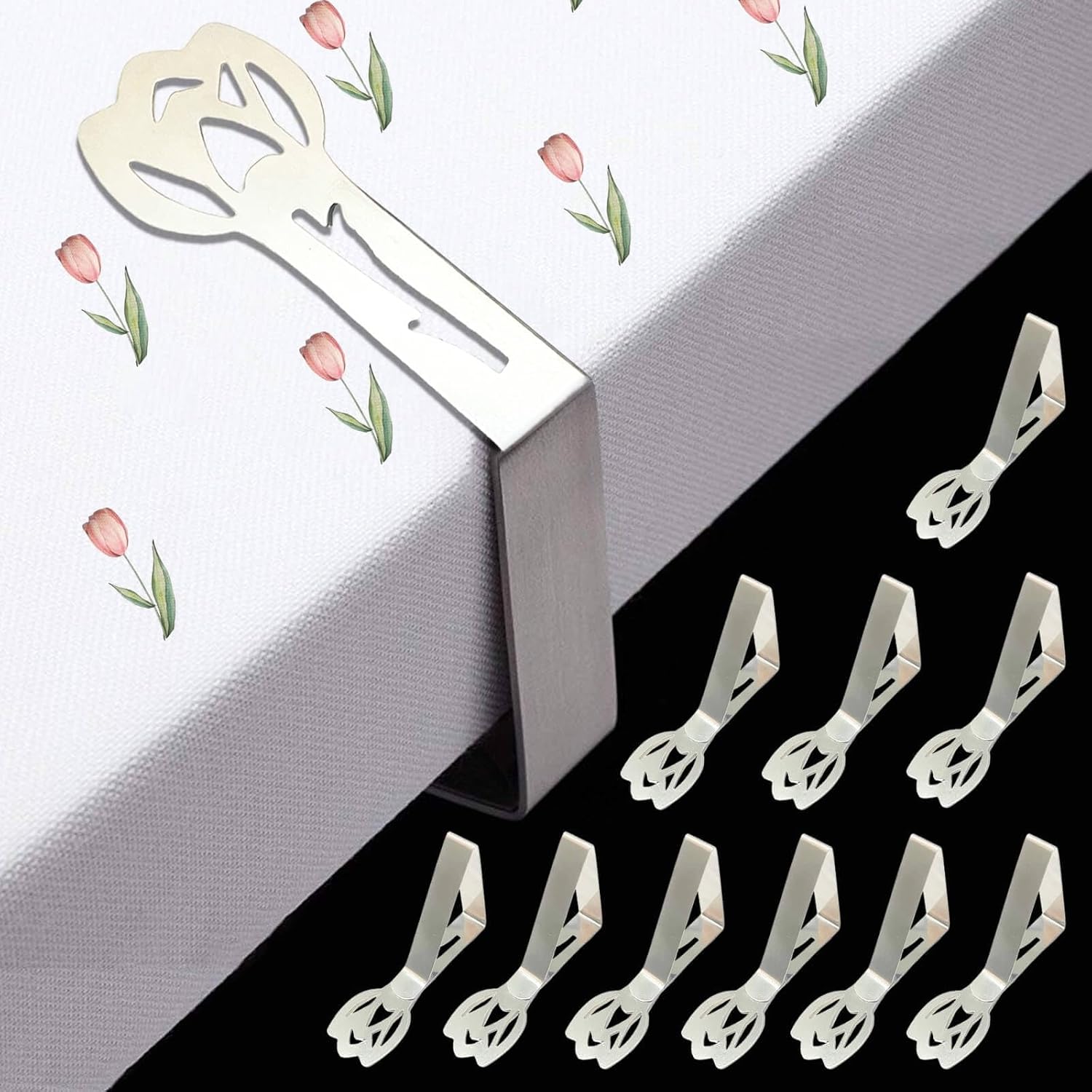 CUNGLIN Tablecloth Clips for Outdoor Tables, Tulip Shape Picnic Table Cloth Holder Clip Large Thick Stainless Steel Decorative Cover Clamp Pin for Indoor Party Wedding RV Accessories 10 Pack