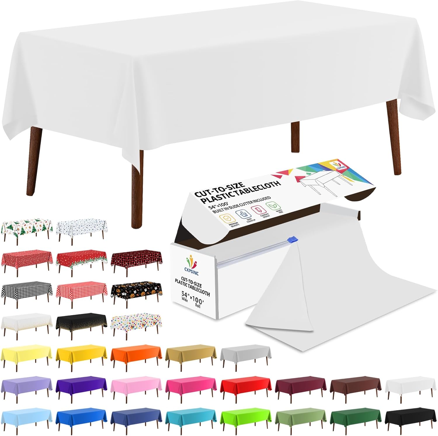 CXPSINC 54 Inch X 100 Feet Plastic Table Cover Roll Disposable Tablecloth with Slide Cutter for All Type/Shape Tables | Picnic, Party, Banquet, Birthdays, Weddings (White, 100 Feet)