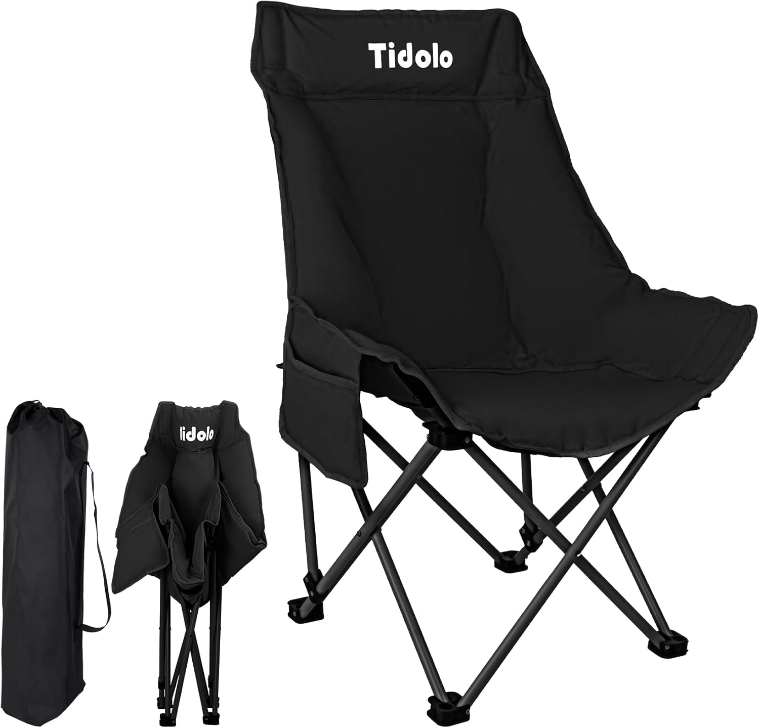 Camping Chair, Folding Lawn Chair with Side Pockets for Women Child, Portable Heavy Duty Camping Chair with Carry Bag for Beach, Outside, Travel, Picnics - Support 300LBS (Black)