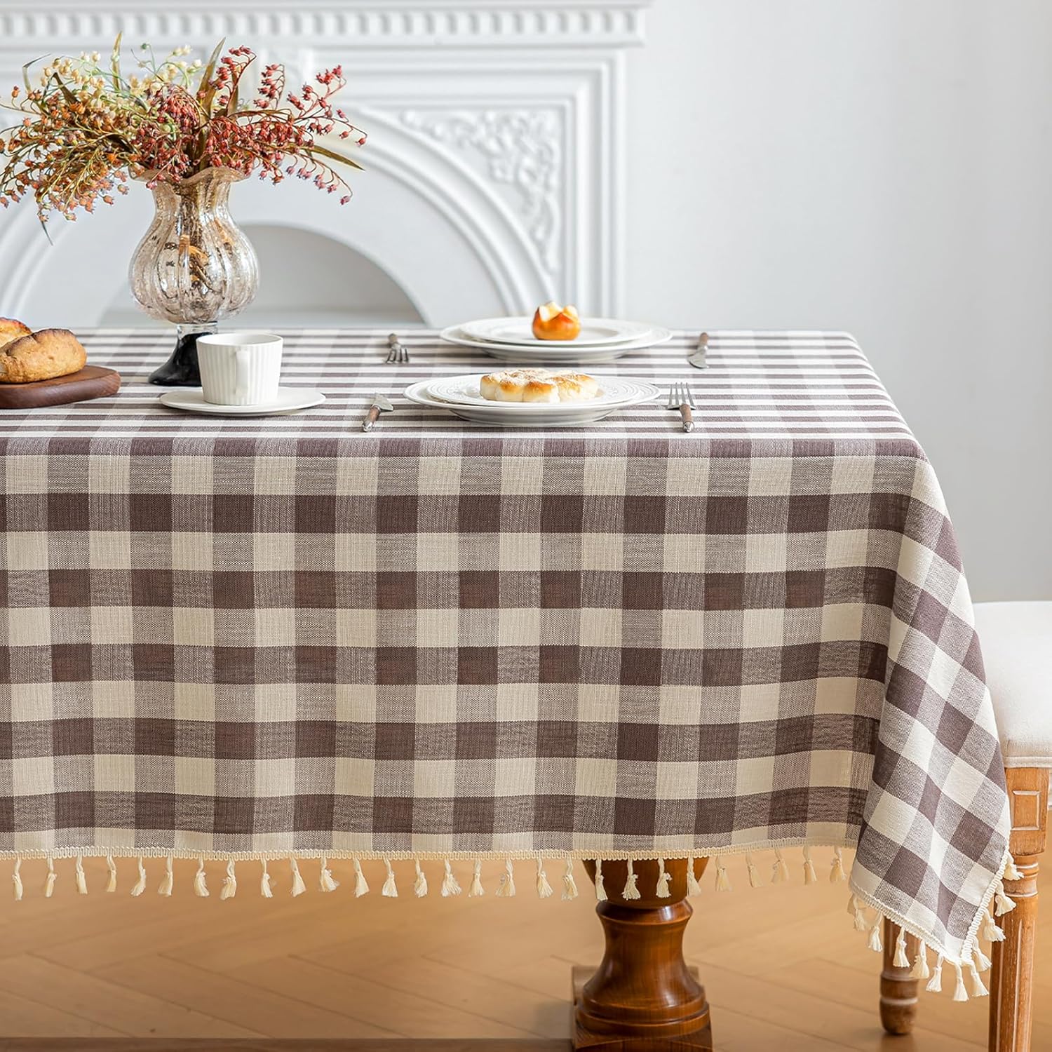 Checkered Tablecloth Rectangle Cotton Linen Gingham Table Cloth with Tassel Washable Wrinkle Free Heavy Duty Buffalo Plaid Table Cover for Dining/Party/Picnic (Brown, 55" x 102" (Rectangular))