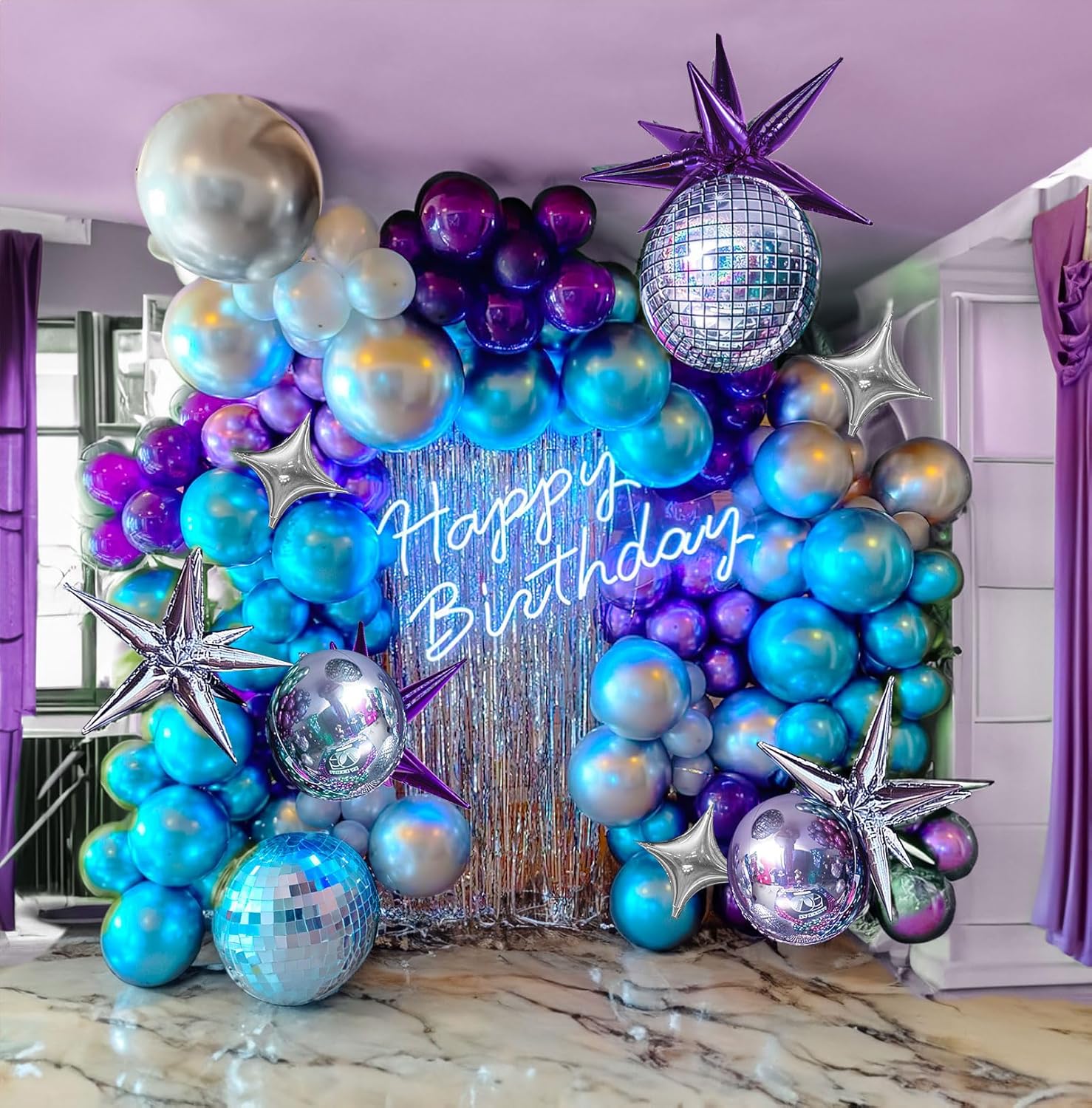 Chrome Purple and blue Disco Balloon garland Arch Kit 160pcs Metallic disco party decorations with Starburst disco ball balloons for Galaxy birthday 2025 new year graduation prom decorations