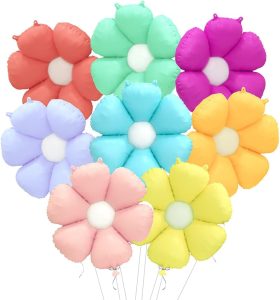 Colorful Daisy Flower Balloons Garland Groovy Boho Party Supplies, 8 Pack Matte Color Aluminum Foil Balloon Retro Hippie Fairy Decoration For Birthday Wedding Baby Shower Decor