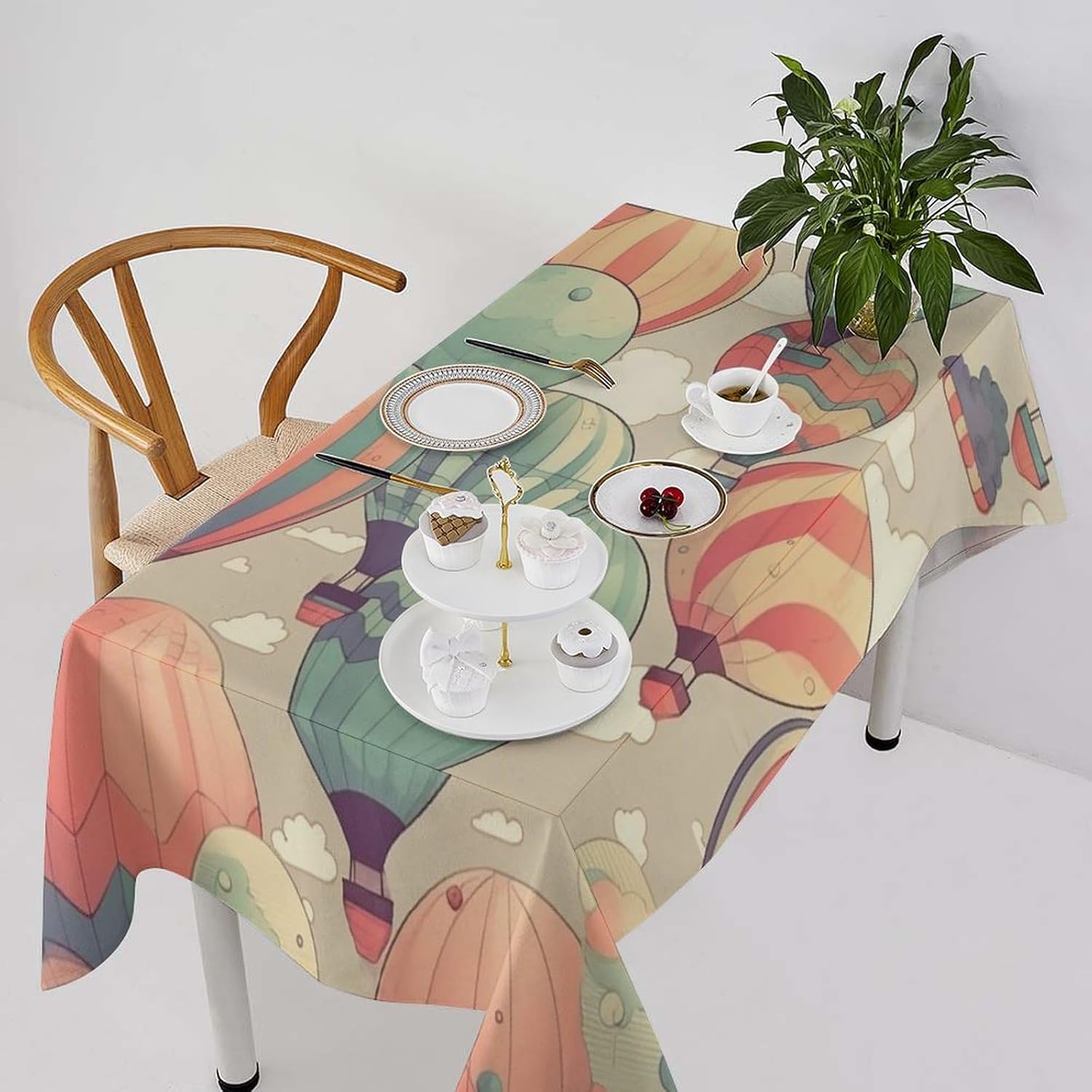 Colorful Hot Air Balloon Table Cloth 55"x75" Washable Linen Table Runner Farmhouse Rectangle Tablecloth Waterproof Heavy Duty Picnic Tables Cover for Kitchen Dining Holiday Party Decorations