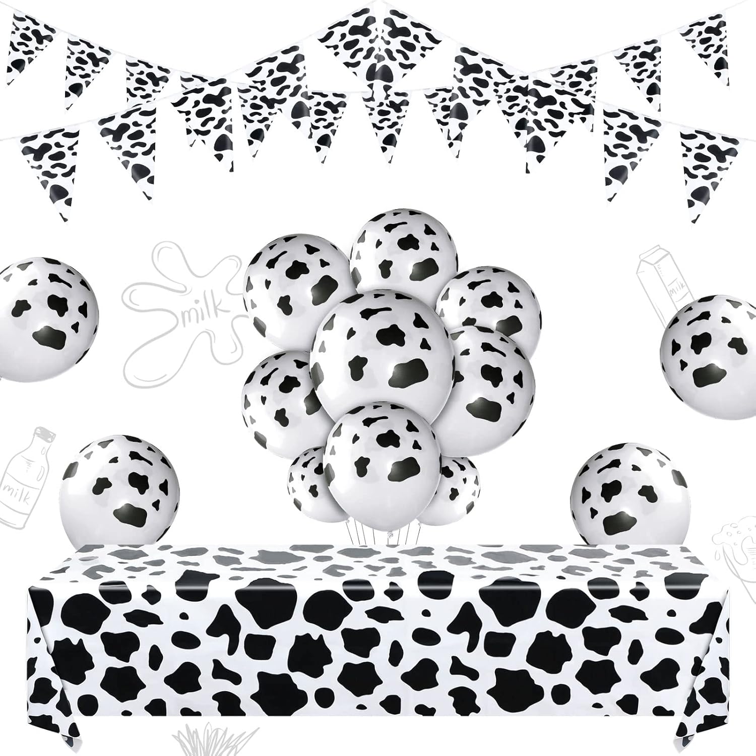 Cow Print Tablecloth and 30 Piece Cow Balloons Set Includes 2 Triangle Flags Banners for Party Picnic or Farmhouse Decor(Black, White)