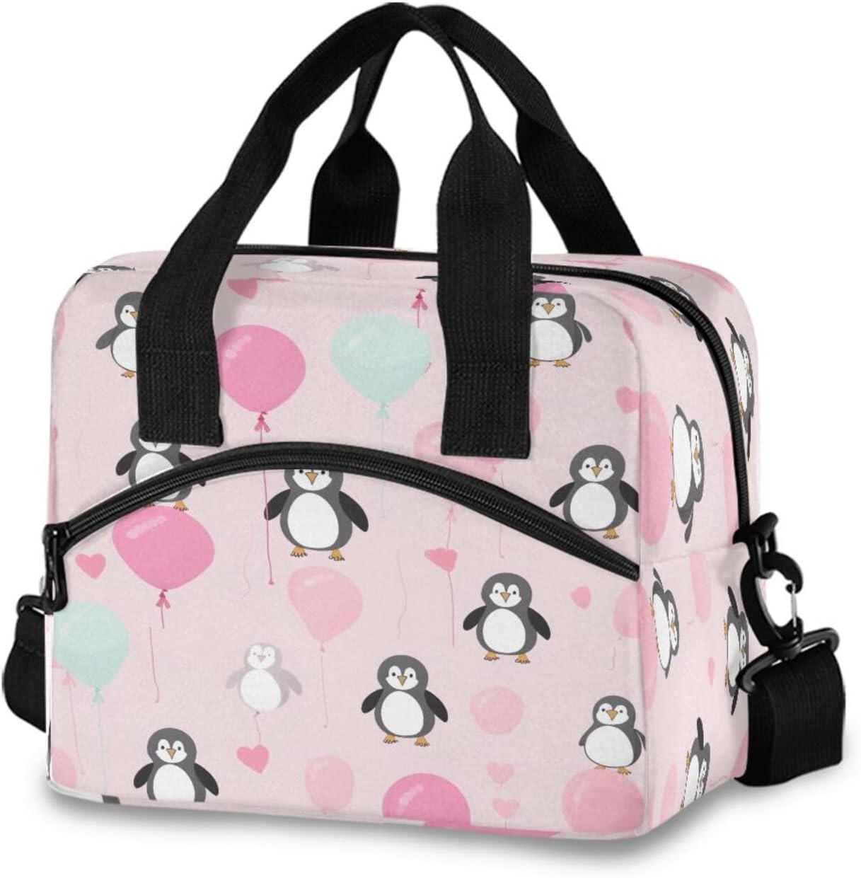 Cute Penguins Balloons Pink Insulated Lunch Box Lunch Bag Tote Insulated 11.4×7.1× 9.5 Inches for School, Office or Picnic