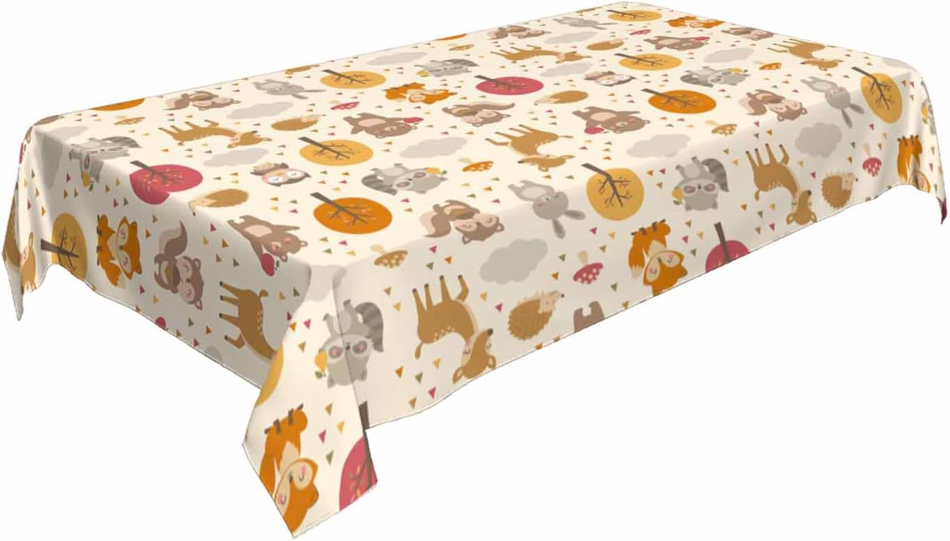 Cute Woodland Animals Table Cloth 52x70 Cartoon Rabbit Hedgehog Raccoon Autumn Tree Rectangular Tablecloth Polyester Washable Table Cover for Dining Kitchen Banquet Picnic Decorative