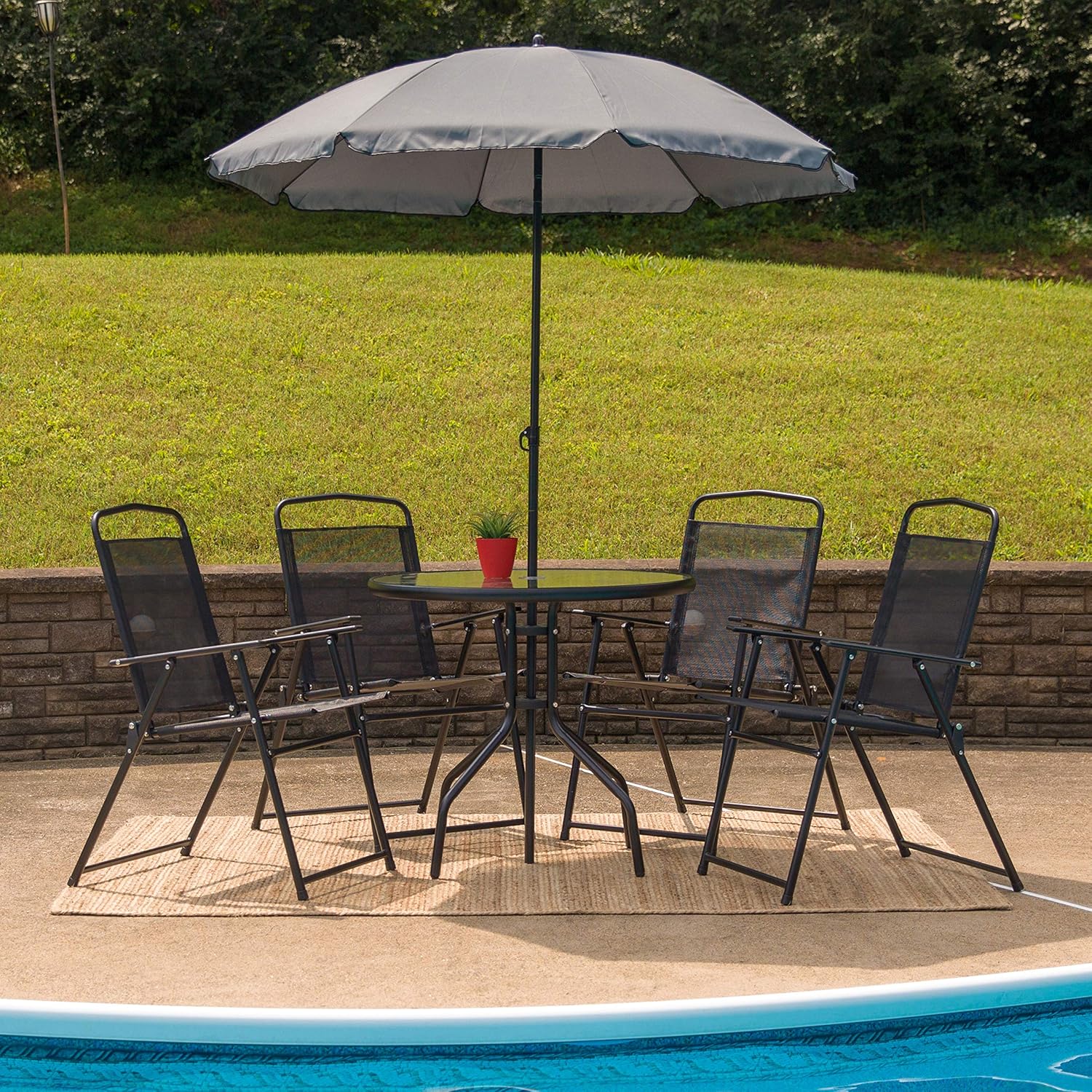 EMMA + OLIVER 6 Piece Black Patio Garden Set with Umbrella Table and Set of 4 Folding Chairs