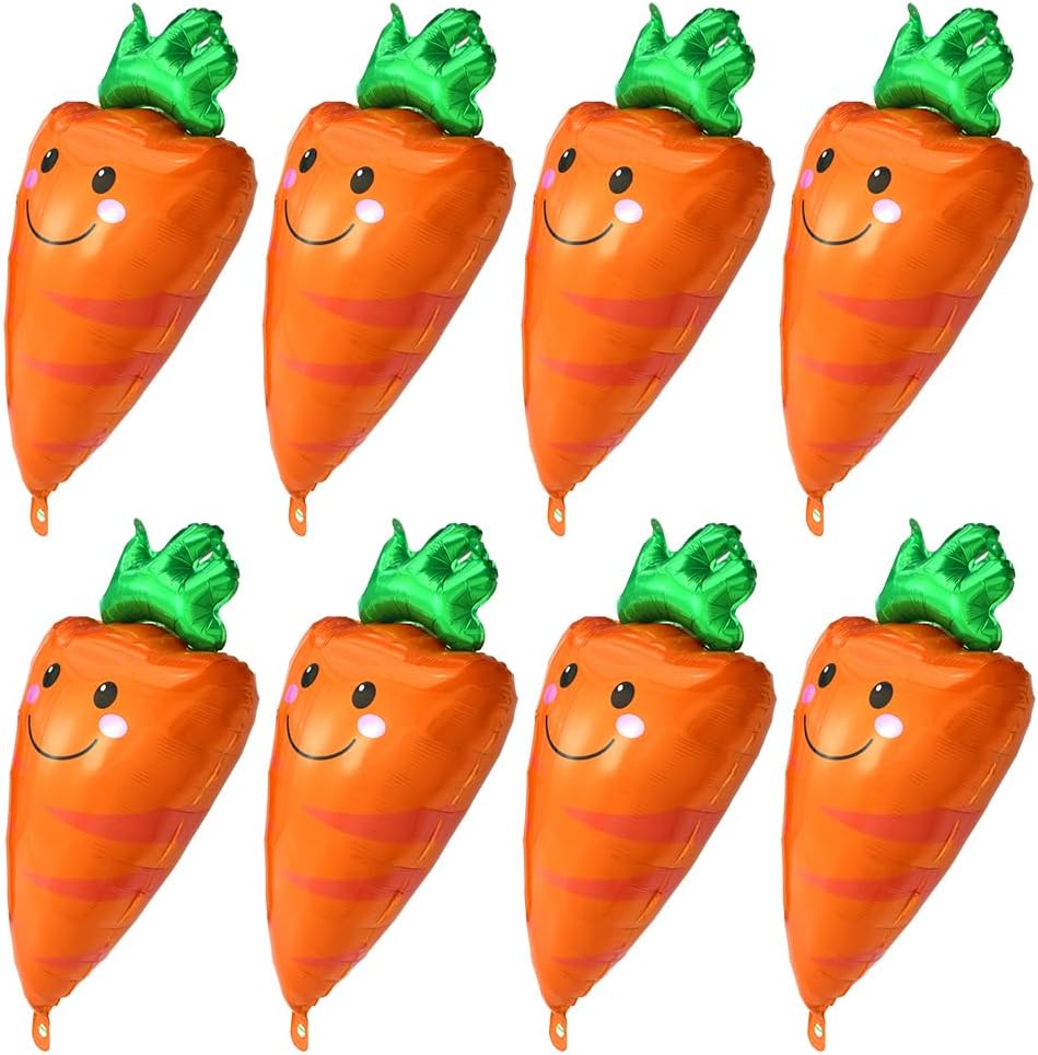 Farmer Veggie Farm Carrot Balloons - 8 Pack Big Happy Easter Foil Balloons for Birthday, Picnic, Cooking Party Supplies, Baby Shower & Easter Decoration