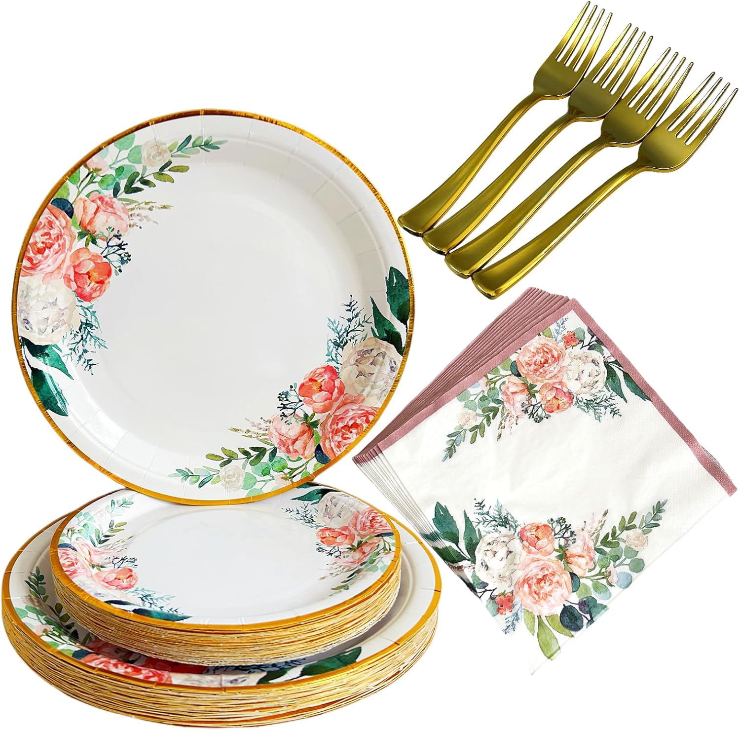 Floral Disposable Paper Plates and Napkins with Forks Tableware Set for Wedding Shower Birthday Party,Serves 25 Guests