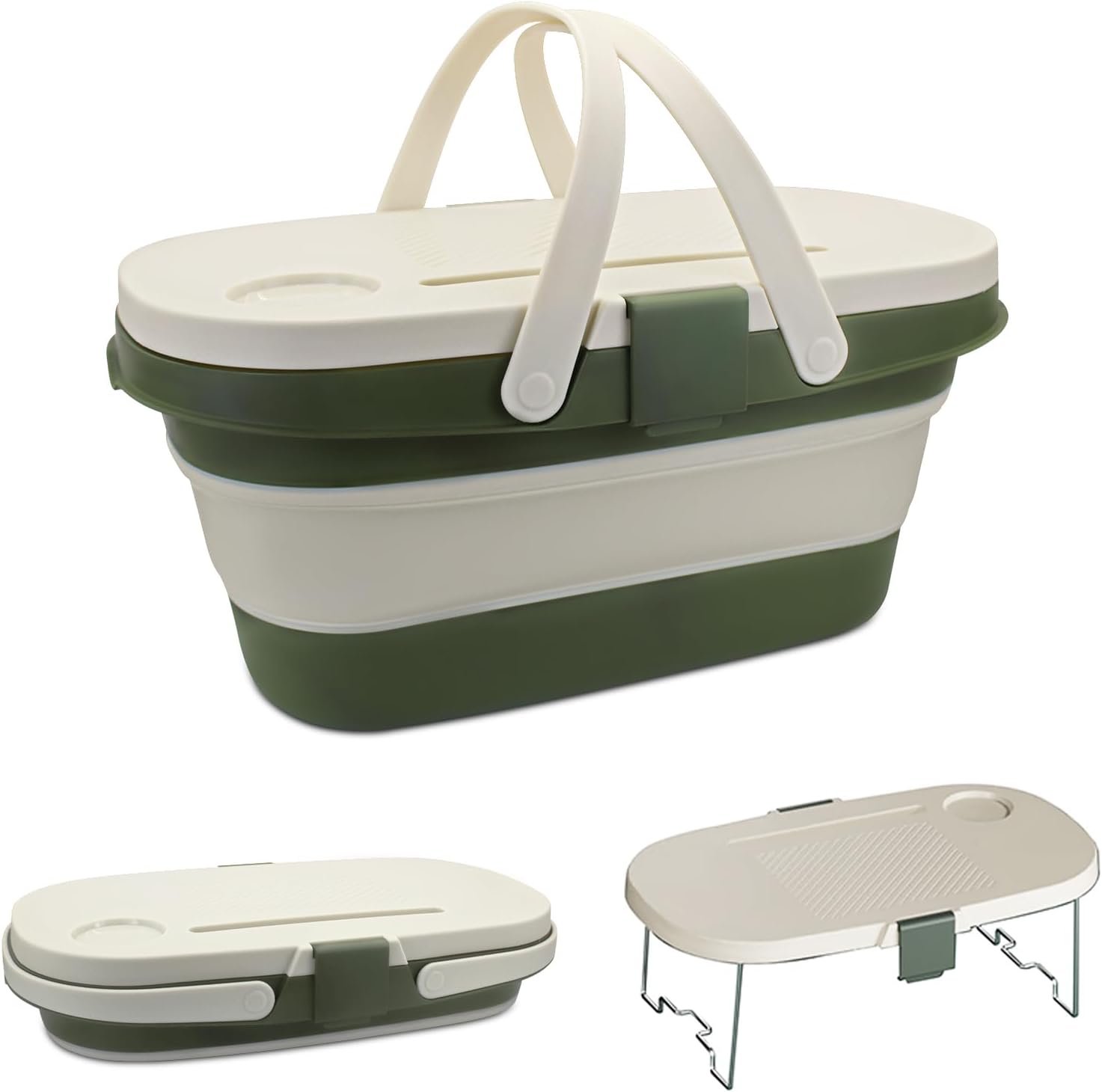 Foldable Picnic Basket with Handles, Plastic Picnic Accessories Camping Basket with Lid, Large Capacity Outdoor Basket for Picnicking, Camping, Hiking (white+green)