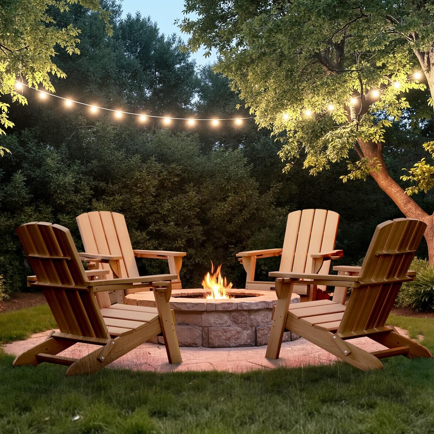 Folding Adirondack Chair Wood Texture 2 Pack, HDPE All-Weather Fire Pit Chairs, Plastic Adirondack Chairs with 2 Cup Holder, Outdoor Lawn Chair for Patio Garden (Teak)
