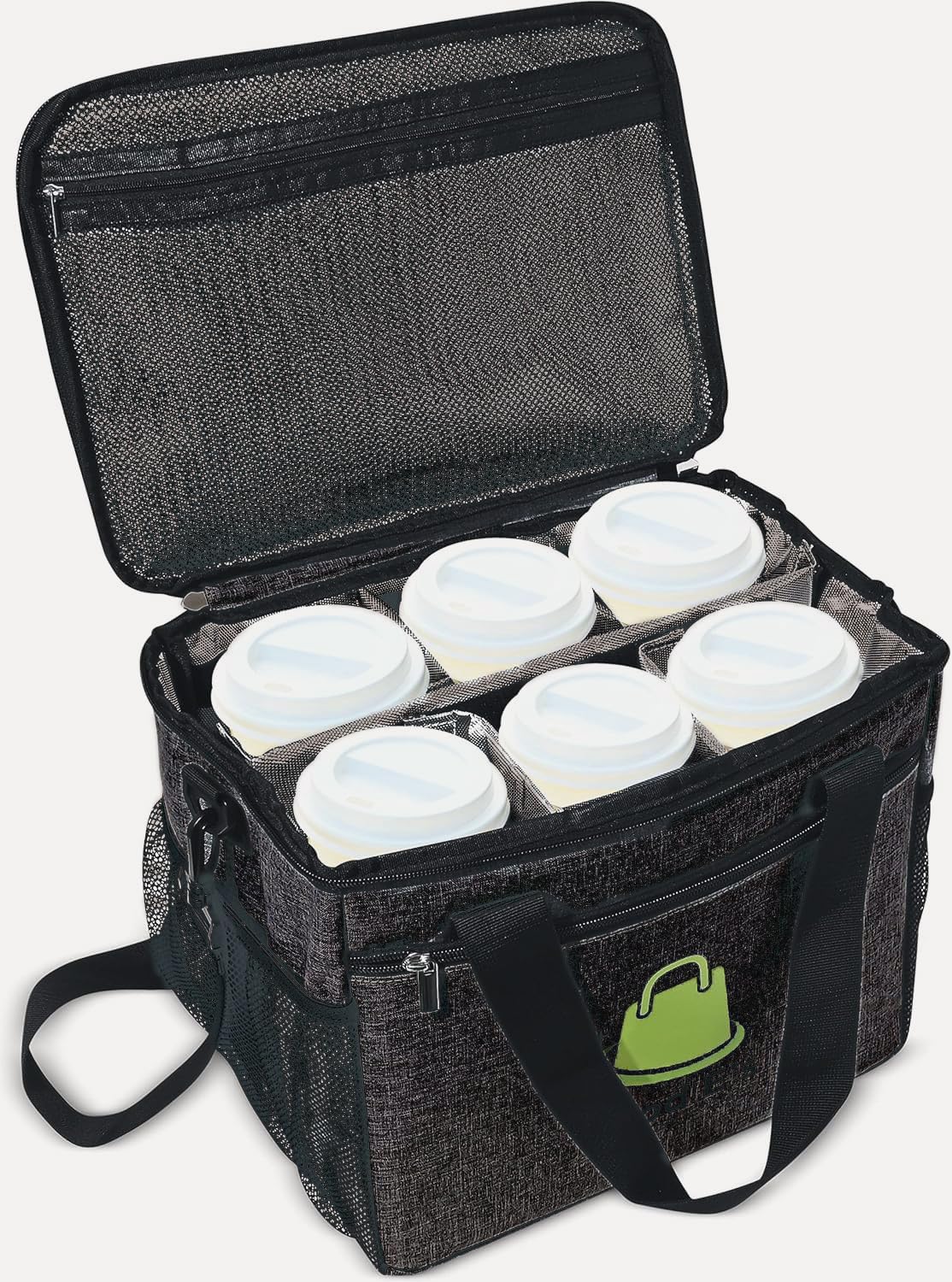 Good E’s Reusable 6 Cups Insulated Beverage Bag, Portable Cooler Tote with 5 Divider, Shoulder Strap & Side Pockets, Drink Caddy Cup Holder Carrier for Delivery,Insulated Picnic Bag (Black) (Black)