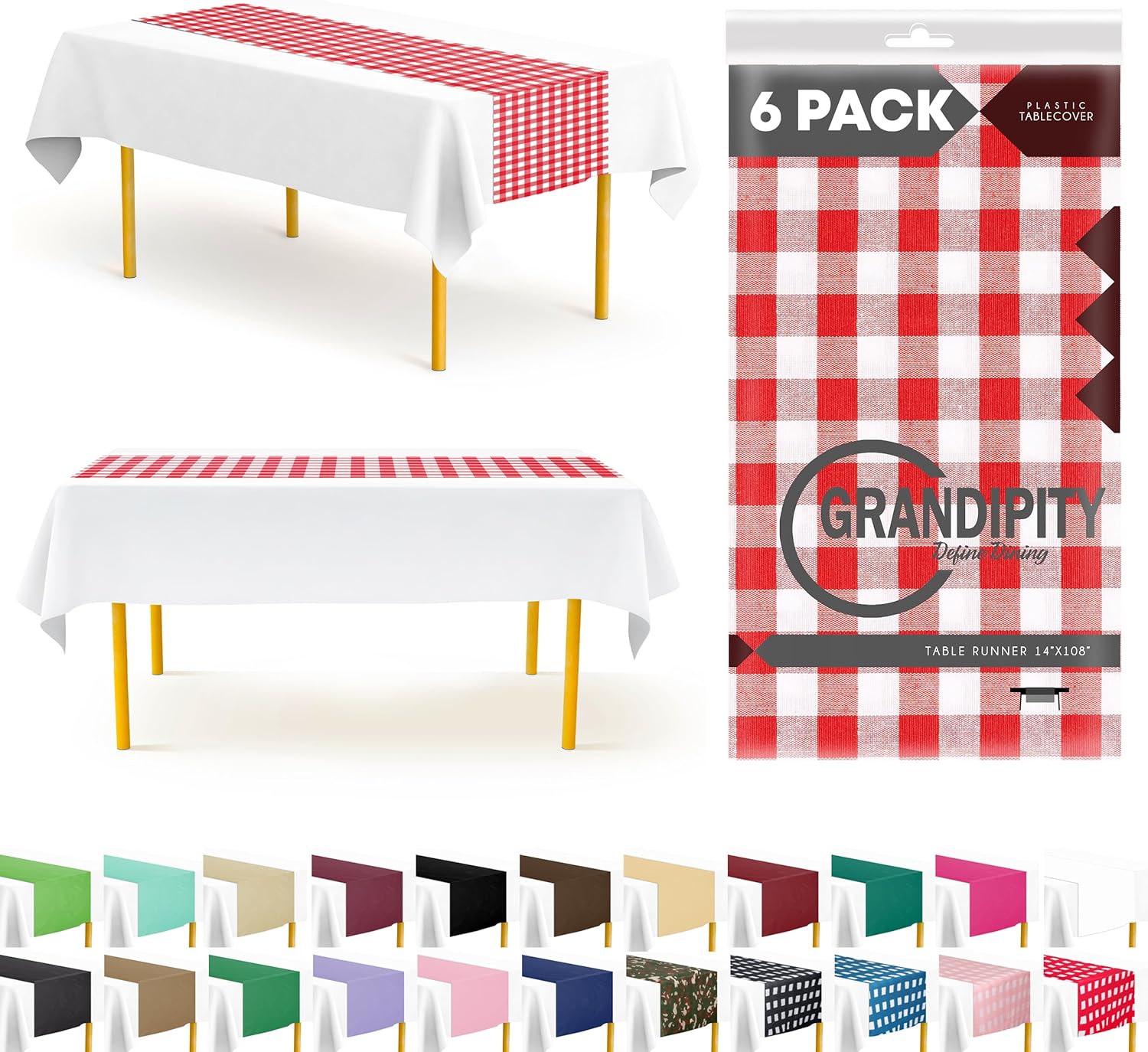 Grandipity Red Gingham 6 Pack Checkered Premium Disposable Plastic Table Runner 14 x 108 Inch. Table Runner for Dinner Parties & Events