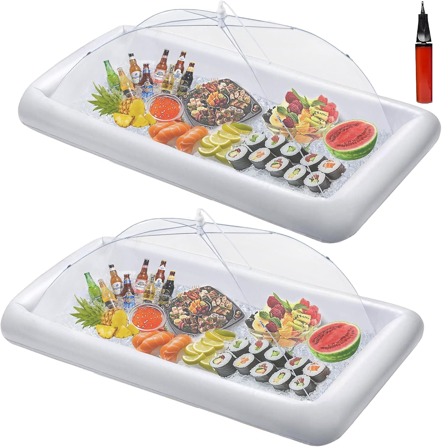 HBlife Inflatable Serving Bar with Jumbo Mesh Food Umbrella Cover, Party Supplies Set for Picnics BBQ Gathering Outside, 2 Inflatable Cooler, 2 Large Food Tents/Food Covers for Outdoors