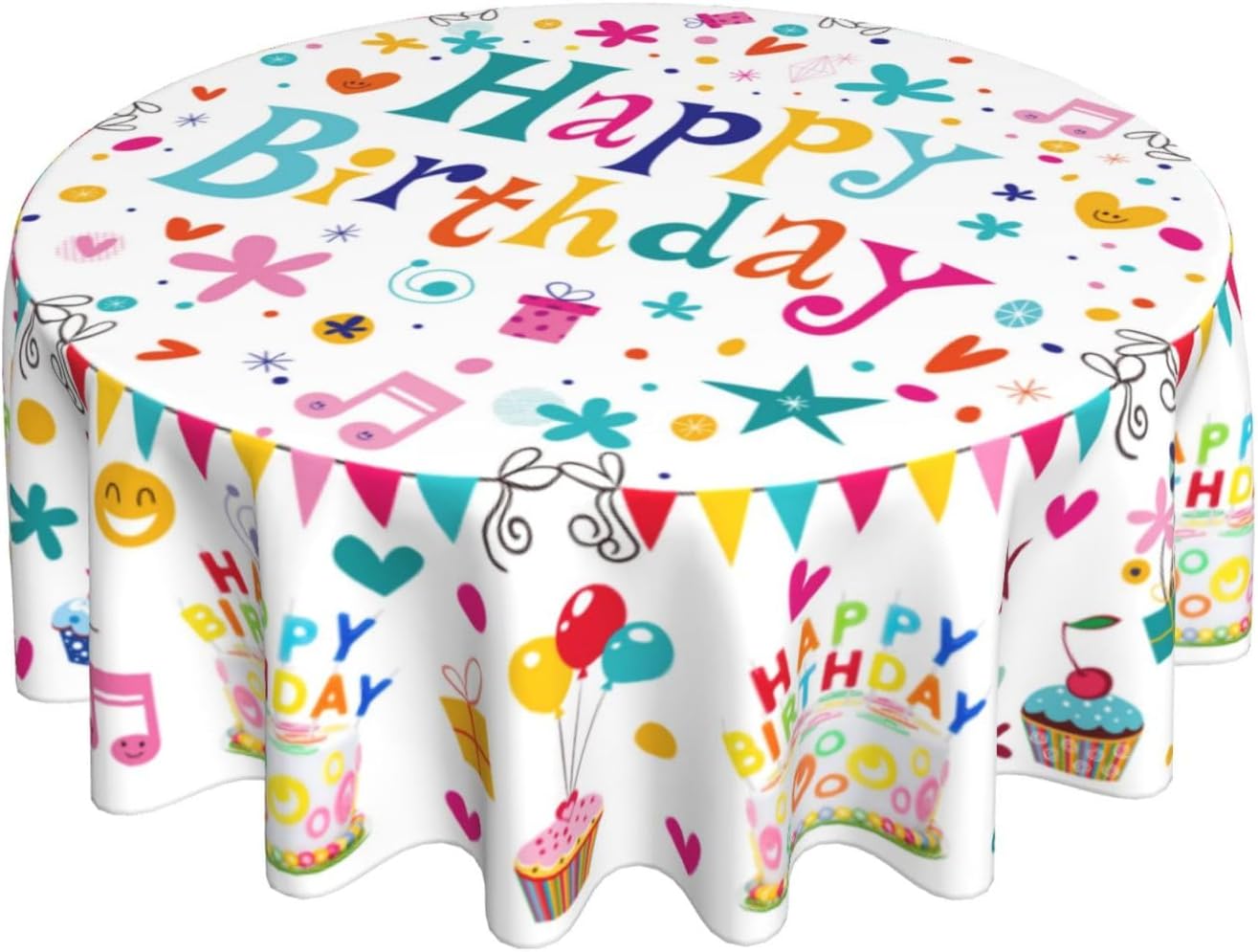 Happy Birthday Round Tablecloth 70 Inch Tablecloths Birthday Cake with Colorful Flags Balloons Gifts Circle Table Cover for Birthday Party Kitchen Dining Room Picnic Outdoor Decor