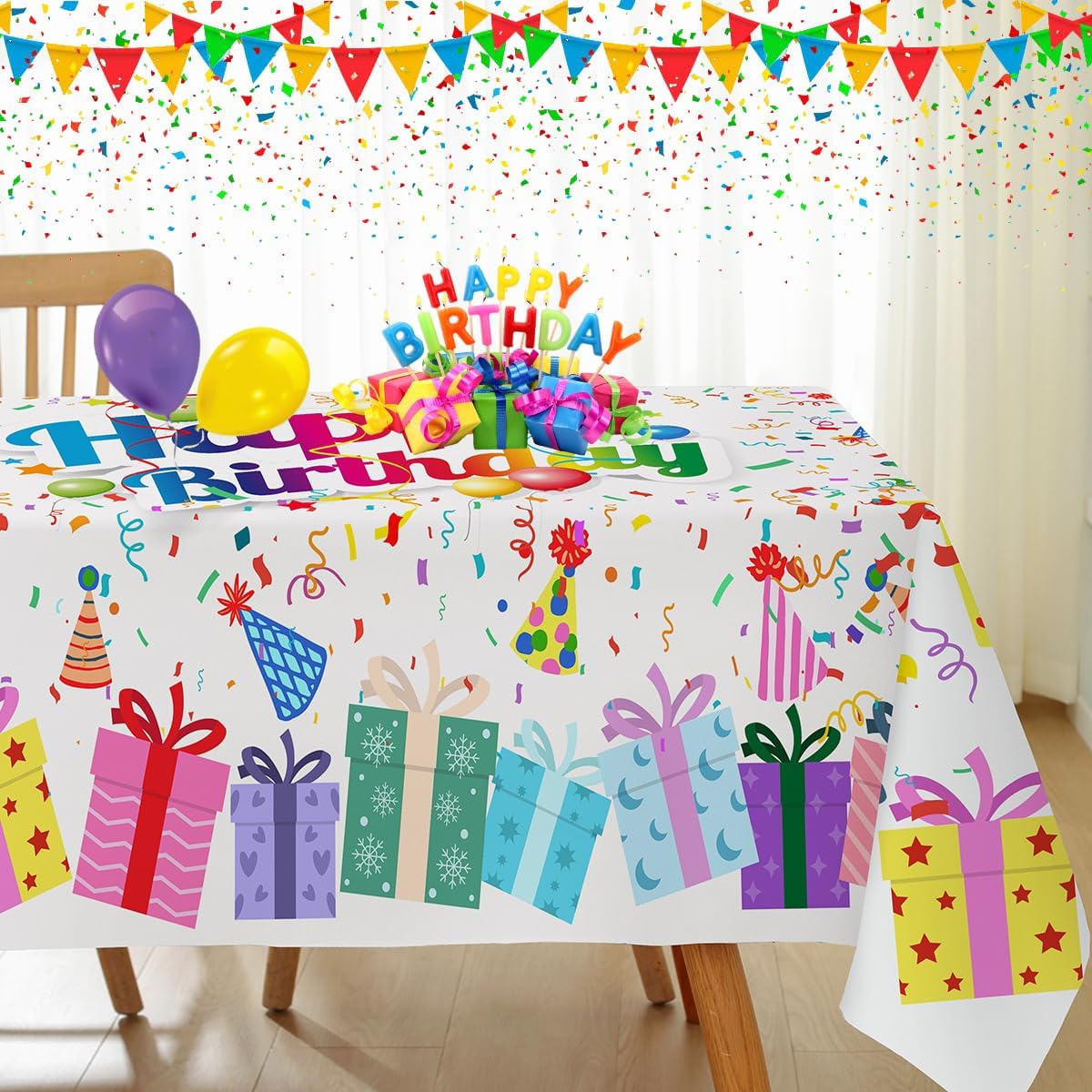 Happy Birthday Tablecloth Rectangle 60 x 102 Inch Colorful Balloons Gifts Waterproof Stain Resistant Washable Table Cloth, Fabric Table Cover for Dining, Party, Dinner, Indoor, Outdoor Decor