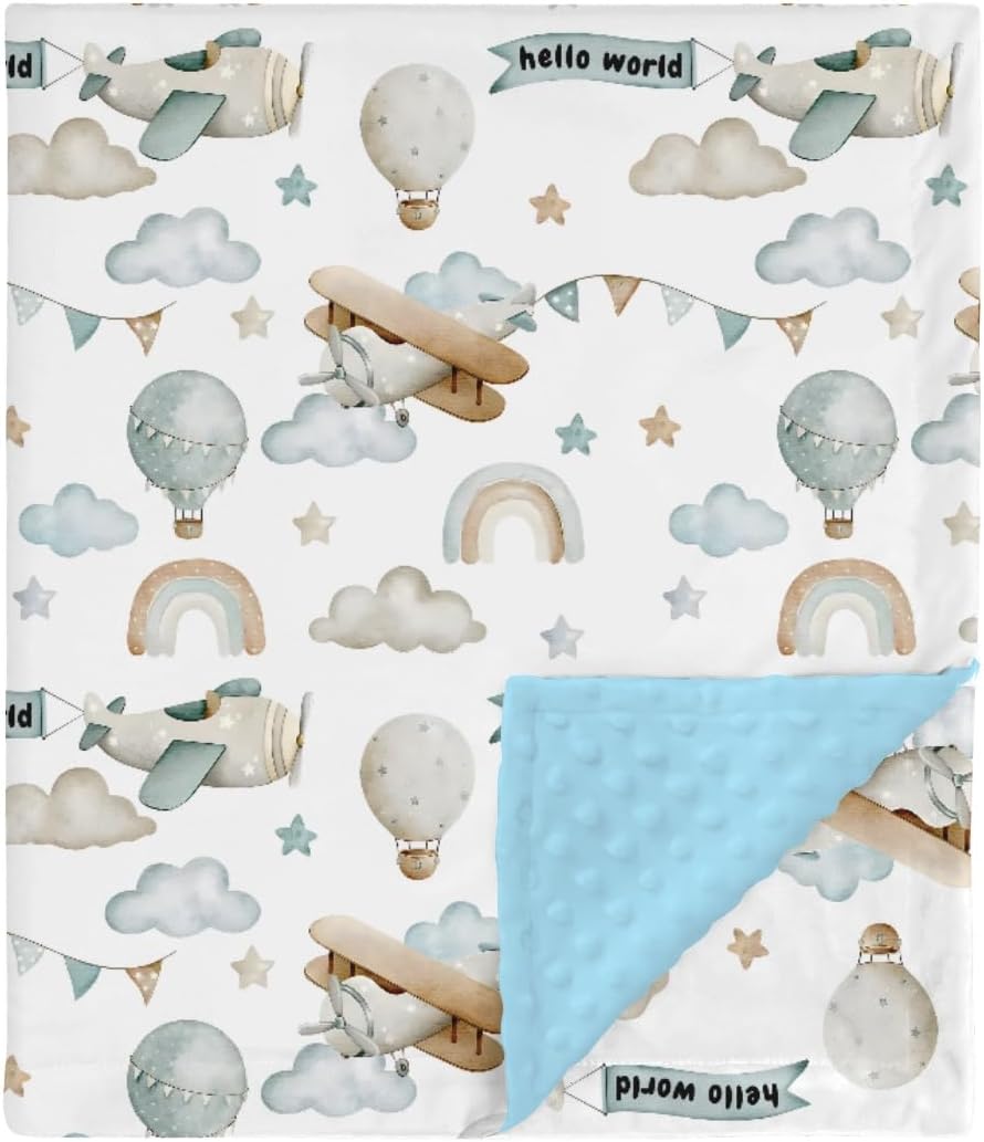 HawSkgFub Airplane Helicopter Hot Air Balloon Mink Baby Blanket Dotted Backing Boys Shower Gift, Blue Hello World Cloud Star Double Layer Nursery Swaddle, Newborn Infant Toddler Bed Crib Bedding 30x40
