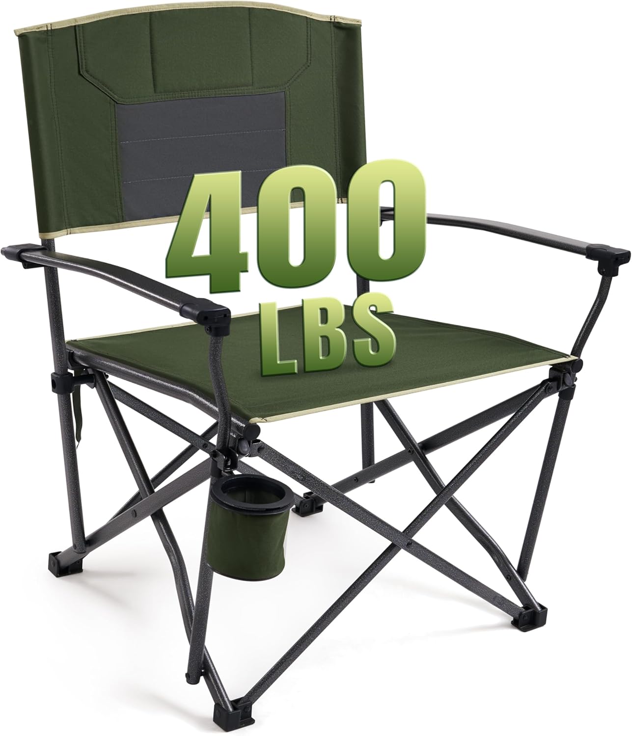 Heavy Duty Folding Camping Chair for Adults Oversized Camping Chairs Steel Frame Support 400 lbs, Metal Arm Lawn Chairs with Swivel Cup Holder, Hollow Backrest, Extra Large Outdoor Chairs, Green