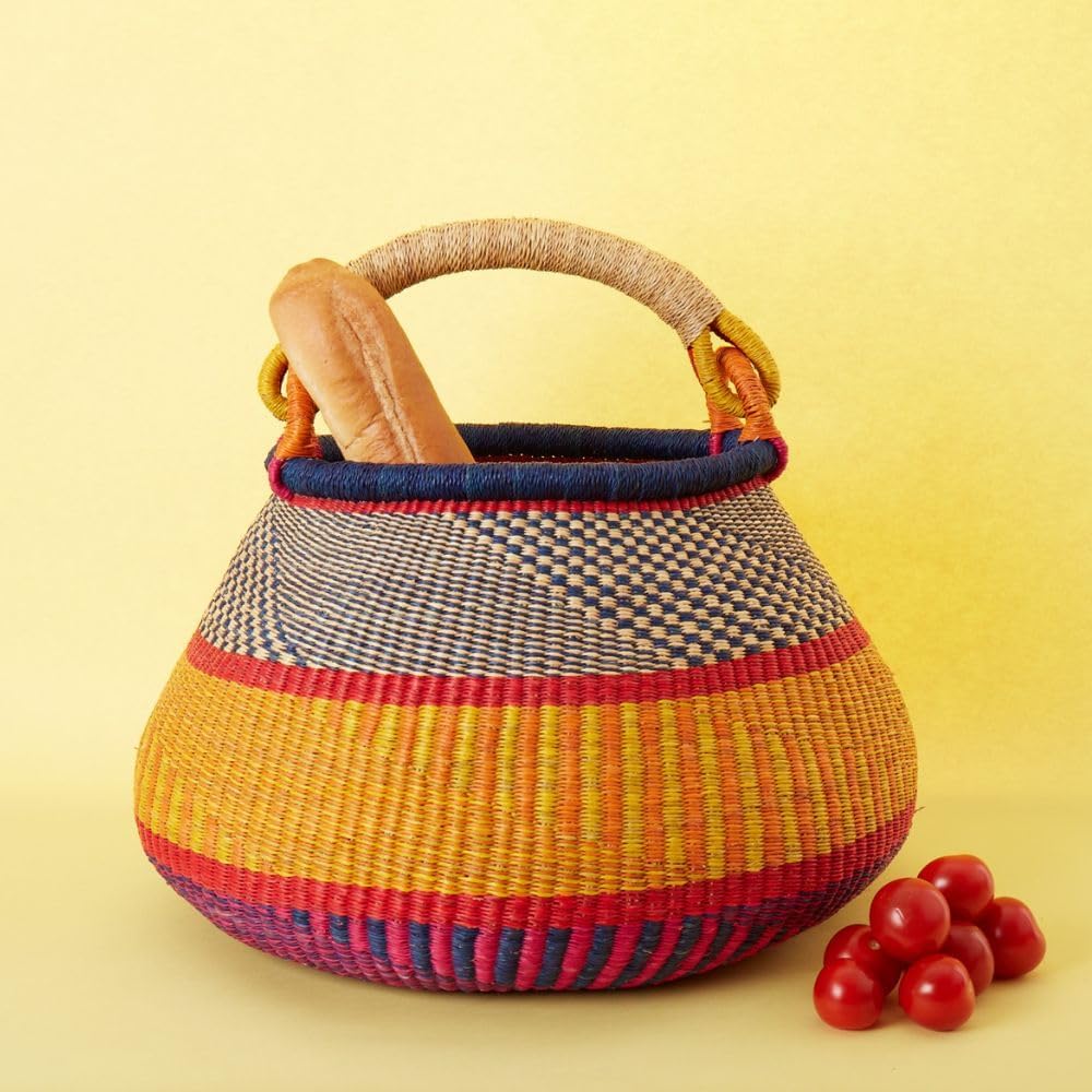 Home & Kitchen Decor, Picnic Basket, Blanket Storage Living Room, Fruits, Harvest, Garden Gathering, Wicker, Boho, Woven, Bolga, African, Large, Pot, Yellow Orange