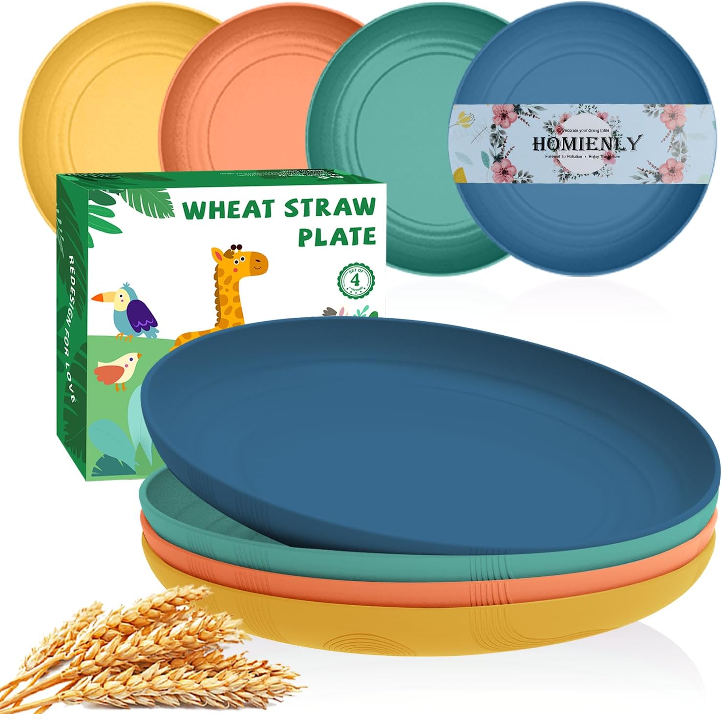 Homienly Wheat Straw Plate Set, 10 Inch Deep Dinner Plate, Alternative to Plastic Plates Reusable, Unbreakable Microwave and Dishwasher Safe Plates for Kitchen, Camping, Picnic,Set of 4 - Multi Color