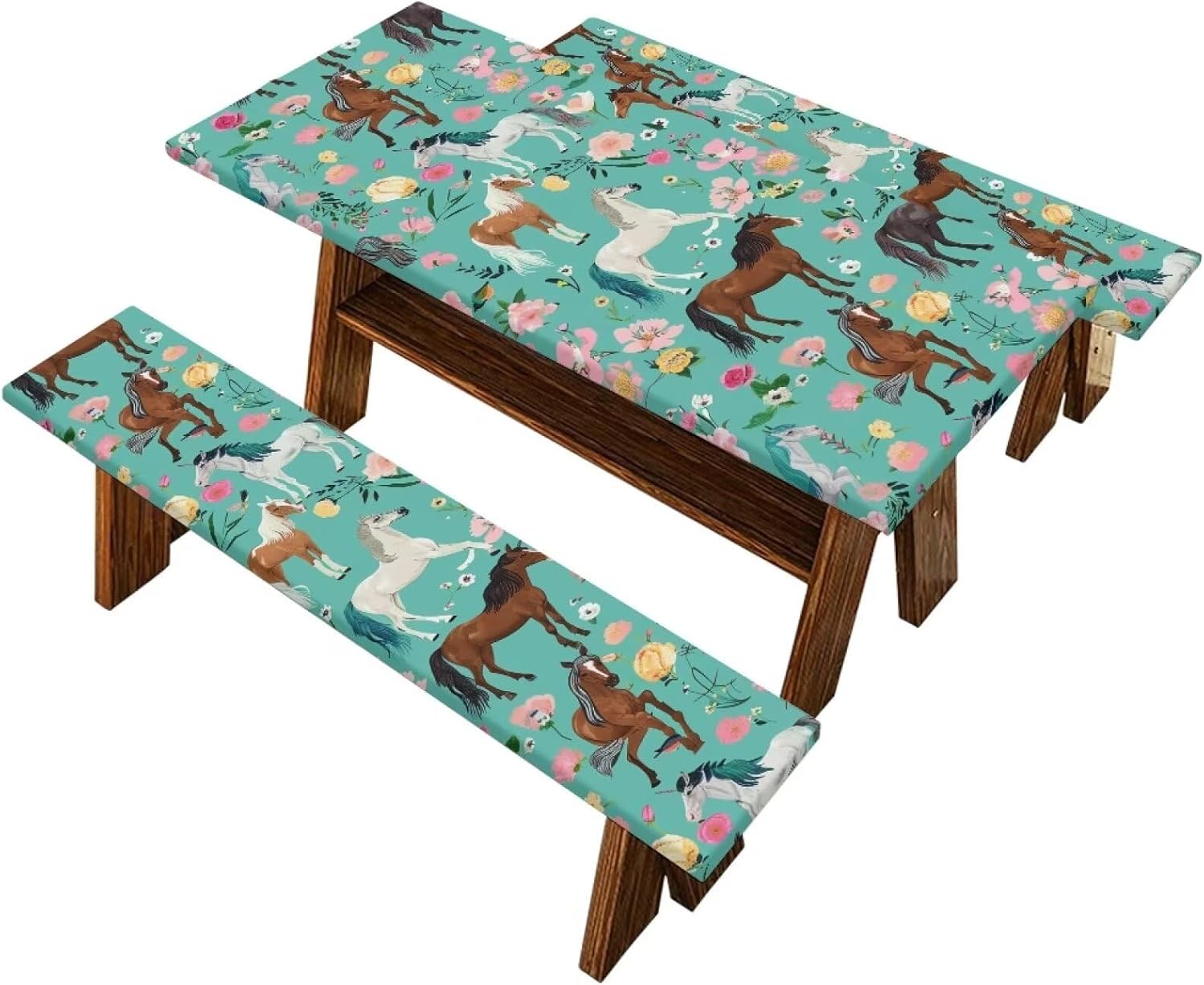 Horses Picnic Table Cover Elastic Crushed Flowers Picnic Table Cloths Fitted Padded Picnic Table Seat Covers Table Cover Elastic Tablecloths for Picnic Tables