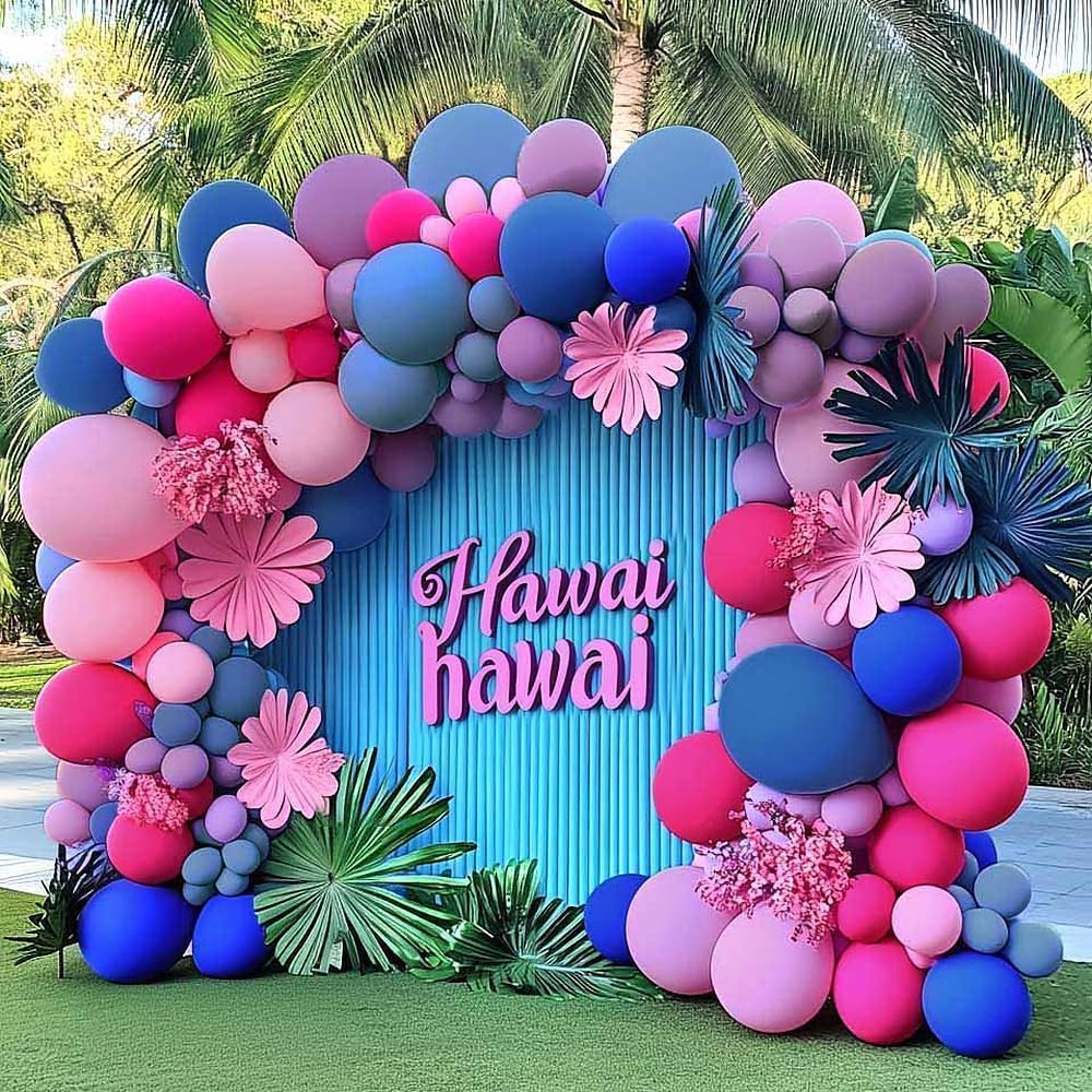 Hot Pink Blue Purple Balloon Arch - Double Stuffed Dusty Slate Blue Lavender Magenta Balloon Garland Royal Pink Latex Balloons Kit for Tropical Summer Hawaii Birthday Baby Shower Party Decoration
