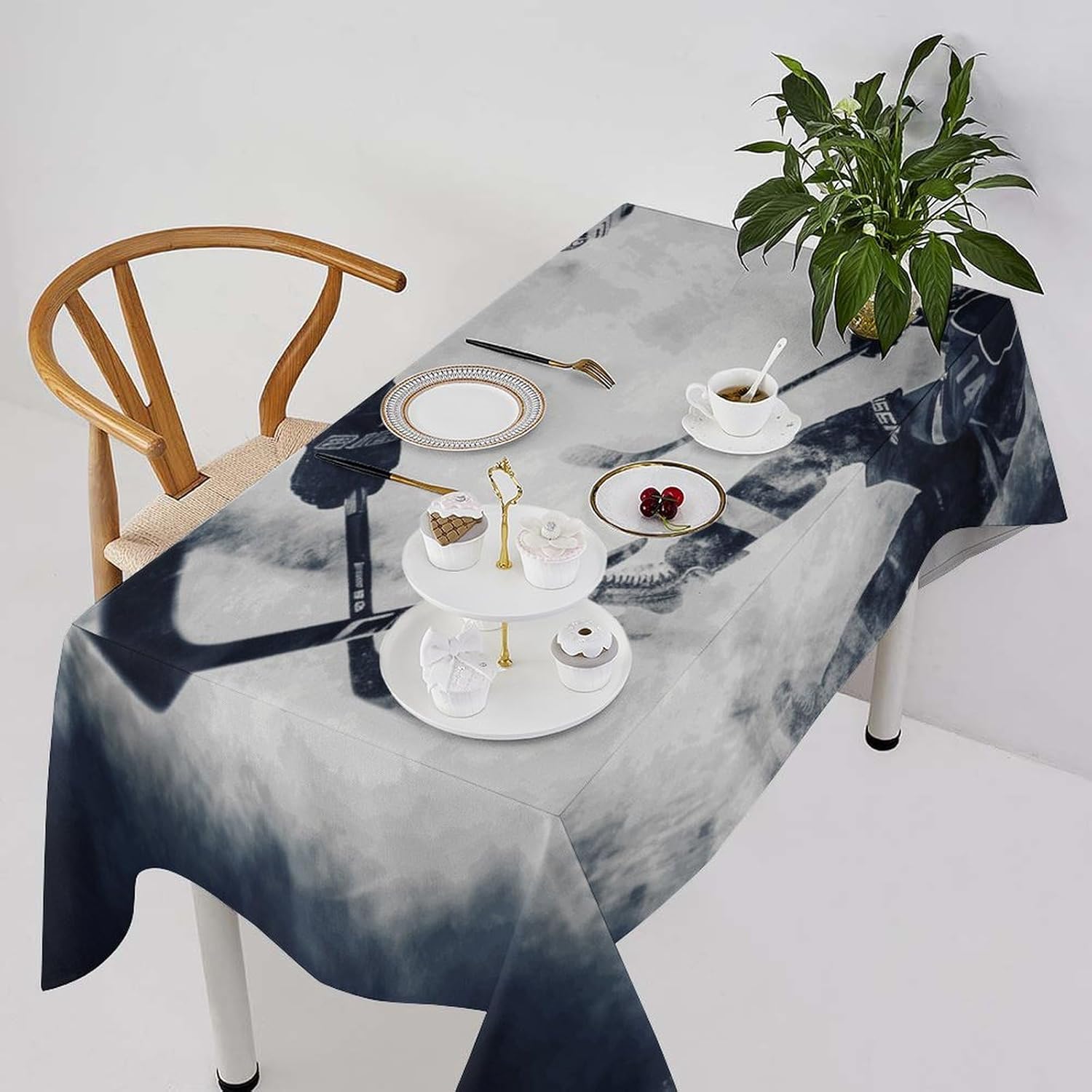 Ice Hockey Art Table Cloth 55"x55" Washable Linen Table Runner Farmhouse Rectangle Tablecloth Waterproof Heavy Duty Picnic Tables Cover for Kitchen Dining Holiday Party Decorations