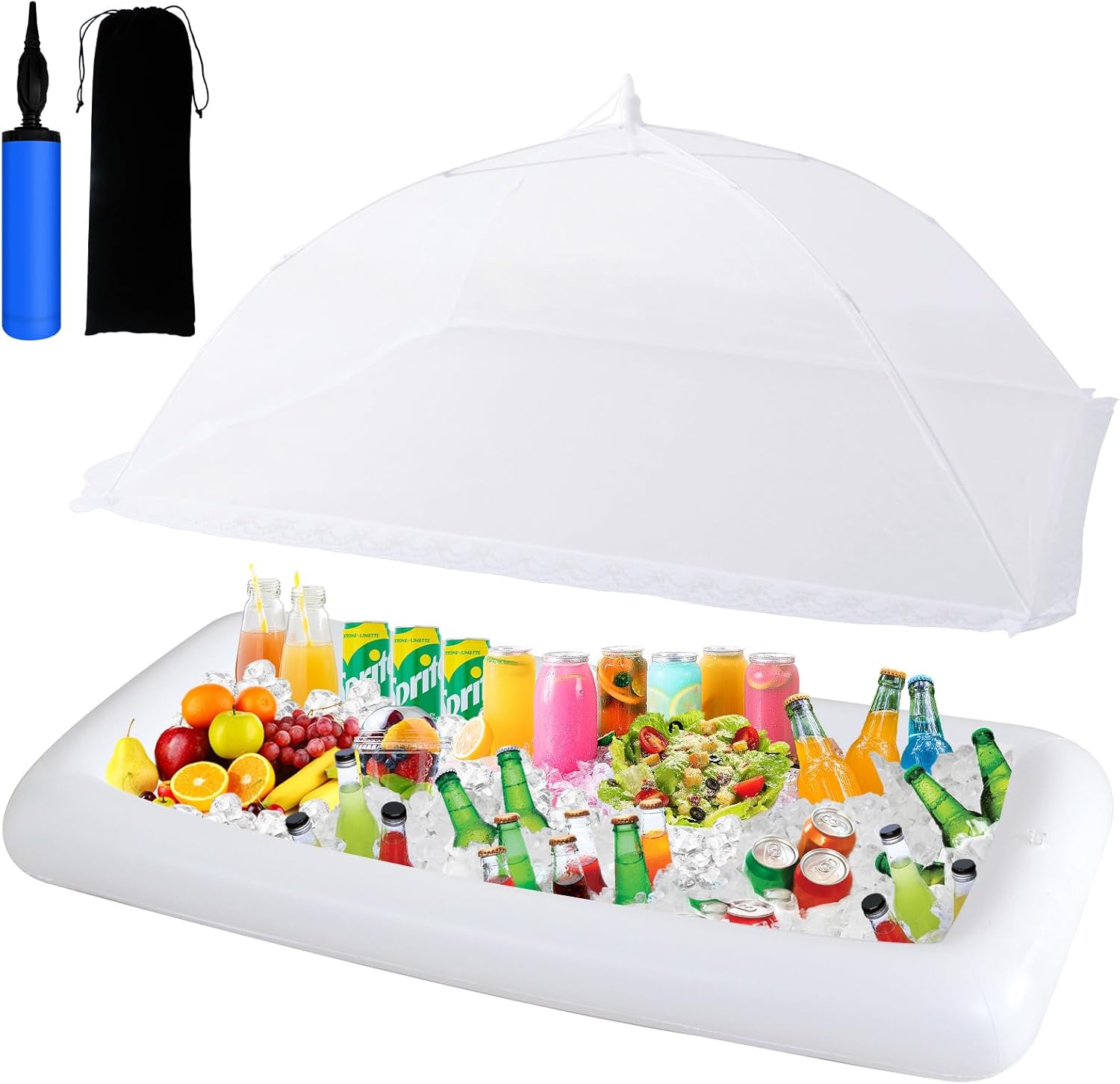 Inflatable Serving Bar & Mesh Food Covers Set, Party Supplies for Picnics Pool Bar Outside Include 1Pcs 53"*25" Inflatable Serving Bar Buffet Cooler, 1Pcs 40"*24" Food Tents