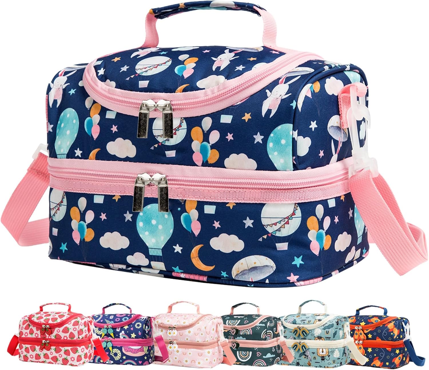 Insulated Kids Dual Compartment Lunch Bags Tote for Girls Boys Toddler Lunch Boxes Pre-School Toddler Kindergarten Picnic Camp Food Cooler Thermal with Strap (Balloon Bunny)