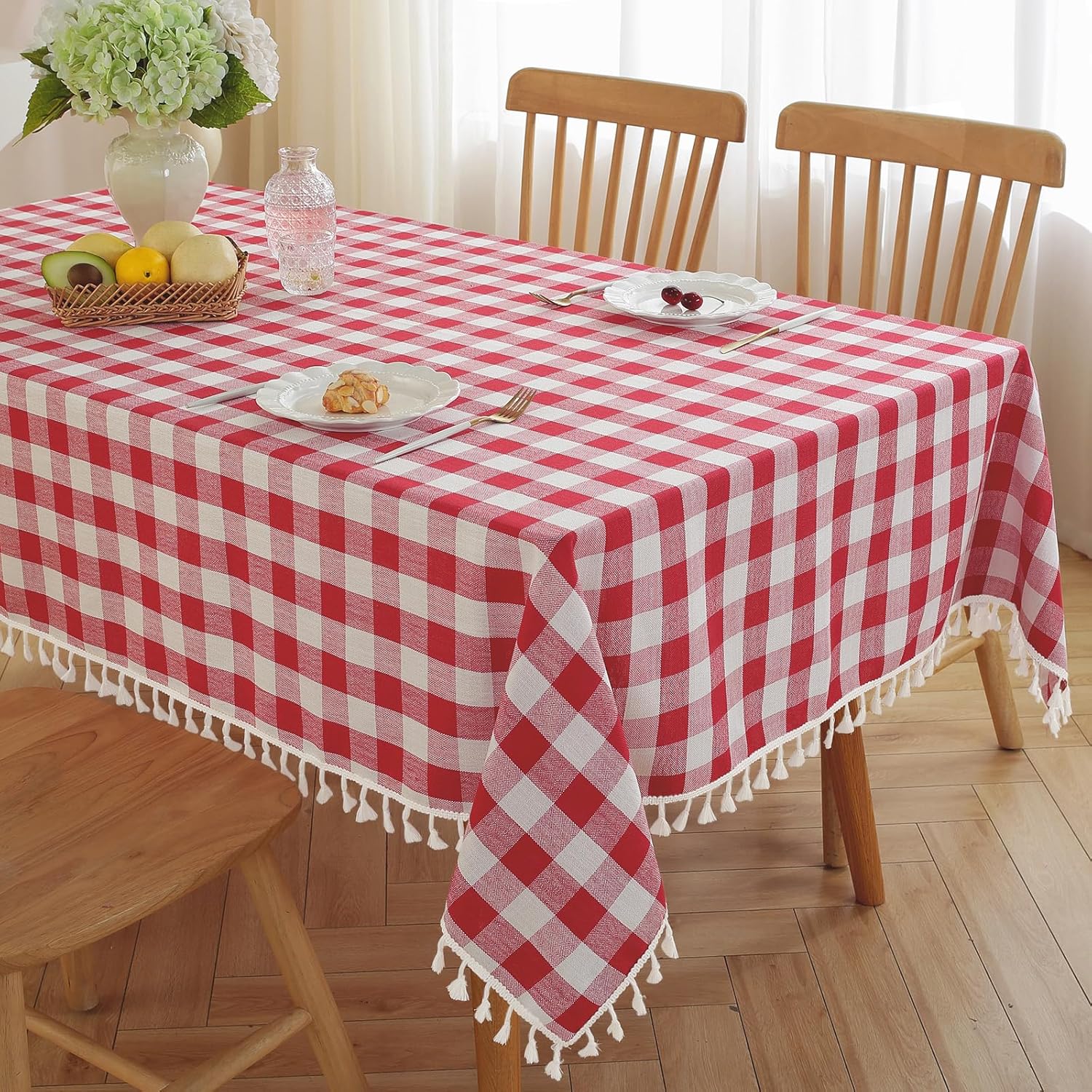 JIALE Gingham Tablecloth Rectangle Cotton Linen Fabric Checkered Table Cloth with Tassel Washable Wrinkle Free Buffalo Plaid Table Cover for Outdoor Party Picnic Kitchen Dining, Red, 55x75